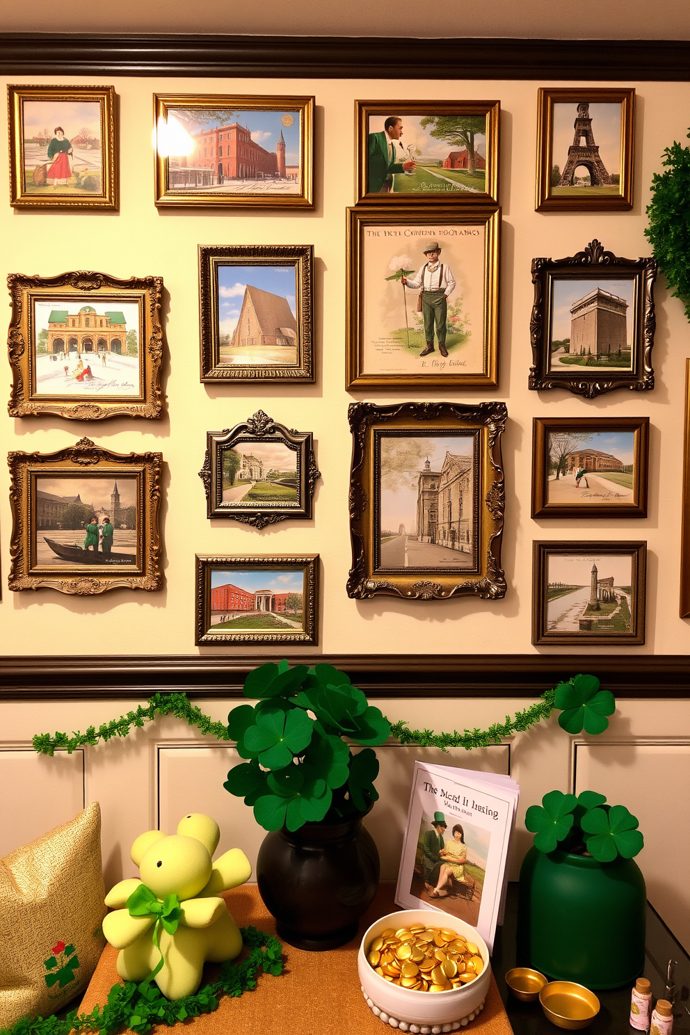 A charming display of vintage Irish postcards arranged in ornate frames. The framed postcards are hung on a soft cream-colored wall, creating a nostalgic ambiance. A festive St. Patrick's Day theme is incorporated with green and gold accents throughout the room. Decorative shamrocks and a small pot of gold complete the cheerful holiday decor.