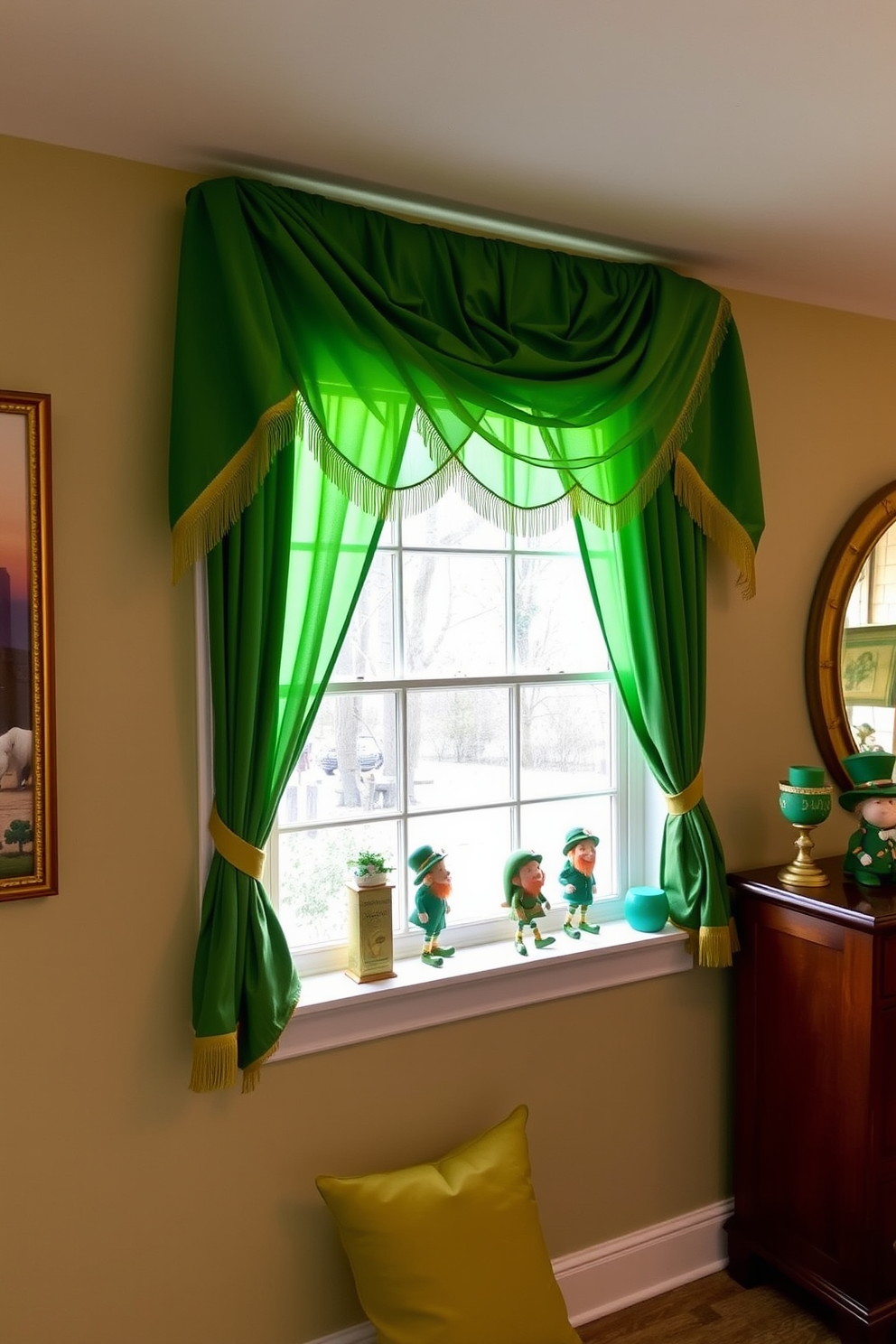 A festive living room adorned with Irish flag banners framing a large glass window. The banners are vibrant green, white, and orange, creating a cheerful atmosphere for St. Patrick's Day celebrations.