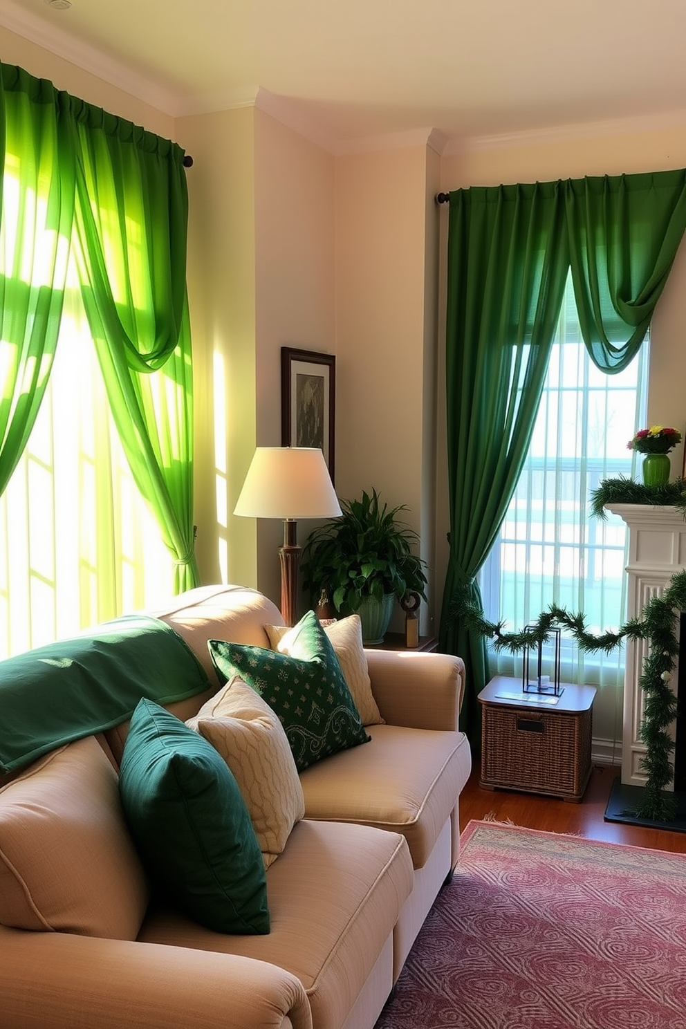 A cozy living room adorned with green sheer curtains that gently filter the sunlight, creating a warm and inviting atmosphere. The space is decorated with tasteful St. Patrick's Day accents, featuring a mix of green and gold throw pillows on a plush sofa and a festive garland draped along the mantelpiece.