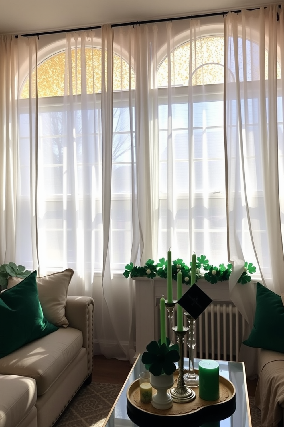 A cozy living space adorned with potted shamrock plants on the window ledges. The vibrant green leaves bring a festive touch, perfect for celebrating St. Patrick's Day. Soft, natural light filters through sheer curtains, enhancing the cheerful atmosphere. Decorative elements like gold accents and playful green cushions complete the seasonal decor.