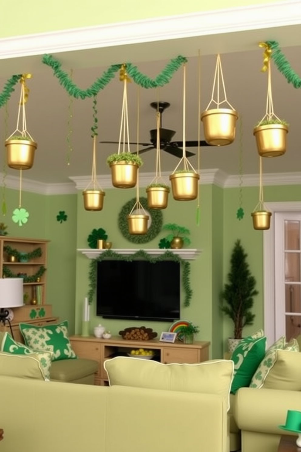 A vibrant St. Patrick's Day themed living room adorned with hanging pots of gold decorations from the ceiling. The walls are painted in a soft green hue, and festive shamrock accents are scattered throughout the space, creating a cheerful atmosphere.