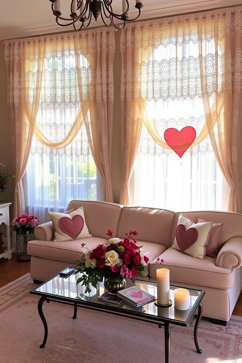 A charming living room adorned with vintage lace curtains that gently filter the sunlight, creating a warm and romantic ambiance. The room features a plush sofa in soft pastels, accented by heart-themed throw pillows, and a coffee table decorated with seasonal flowers and candles for a cozy Valentine's Day atmosphere.