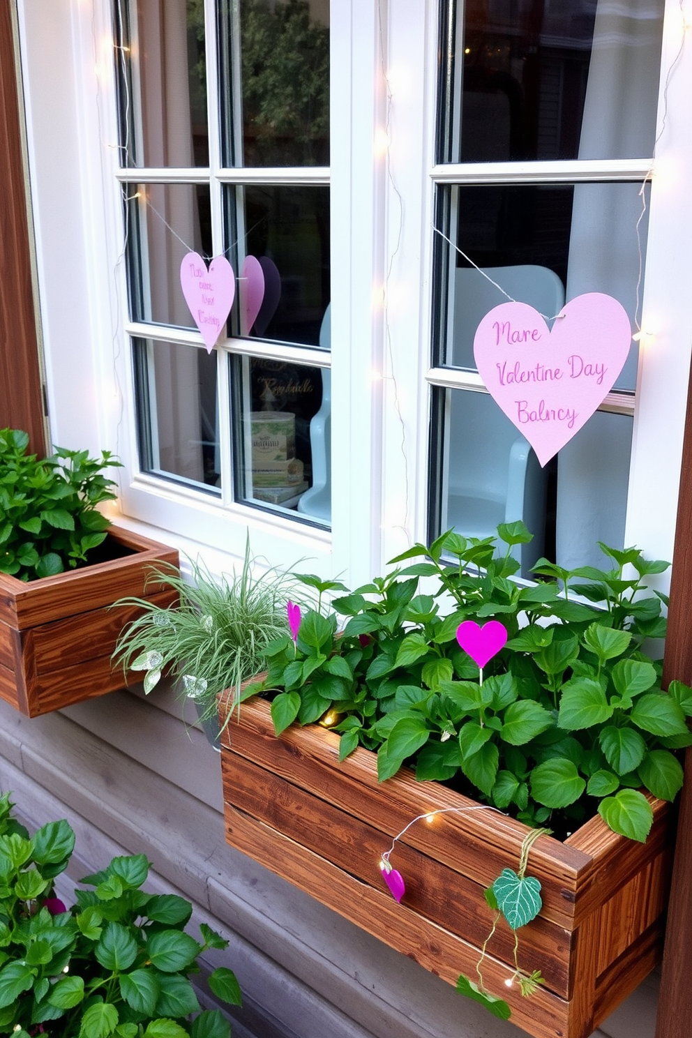 Rustic wooden window boxes are filled with vibrant greenery, adding a touch of nature to the exterior. The warm tones of the wood complement the lush plants, creating a charming and inviting atmosphere. For Valentine's Day, the window boxes are adorned with delicate heart-shaped decorations and soft fairy lights. This festive touch enhances the romantic ambiance, making the windows a focal point of celebration.