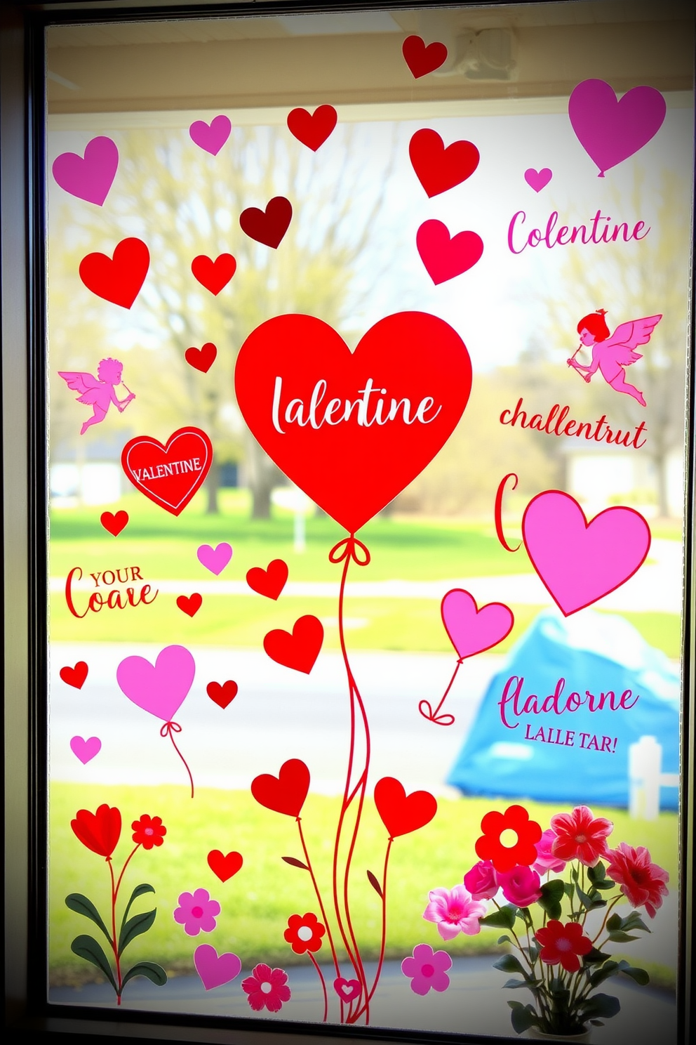 Create a charming display of Valentine themed window clings that feature hearts, cupids, and playful messages. The clings should be vibrant and colorful, adding a festive touch to the window while allowing natural light to filter through. Incorporate various sizes and shapes of clings to create visual interest, with some clings being transparent to enhance the lightness of the design. Consider including whimsical elements like balloons and flowers to complete the Valentine's Day theme and make the decor inviting.