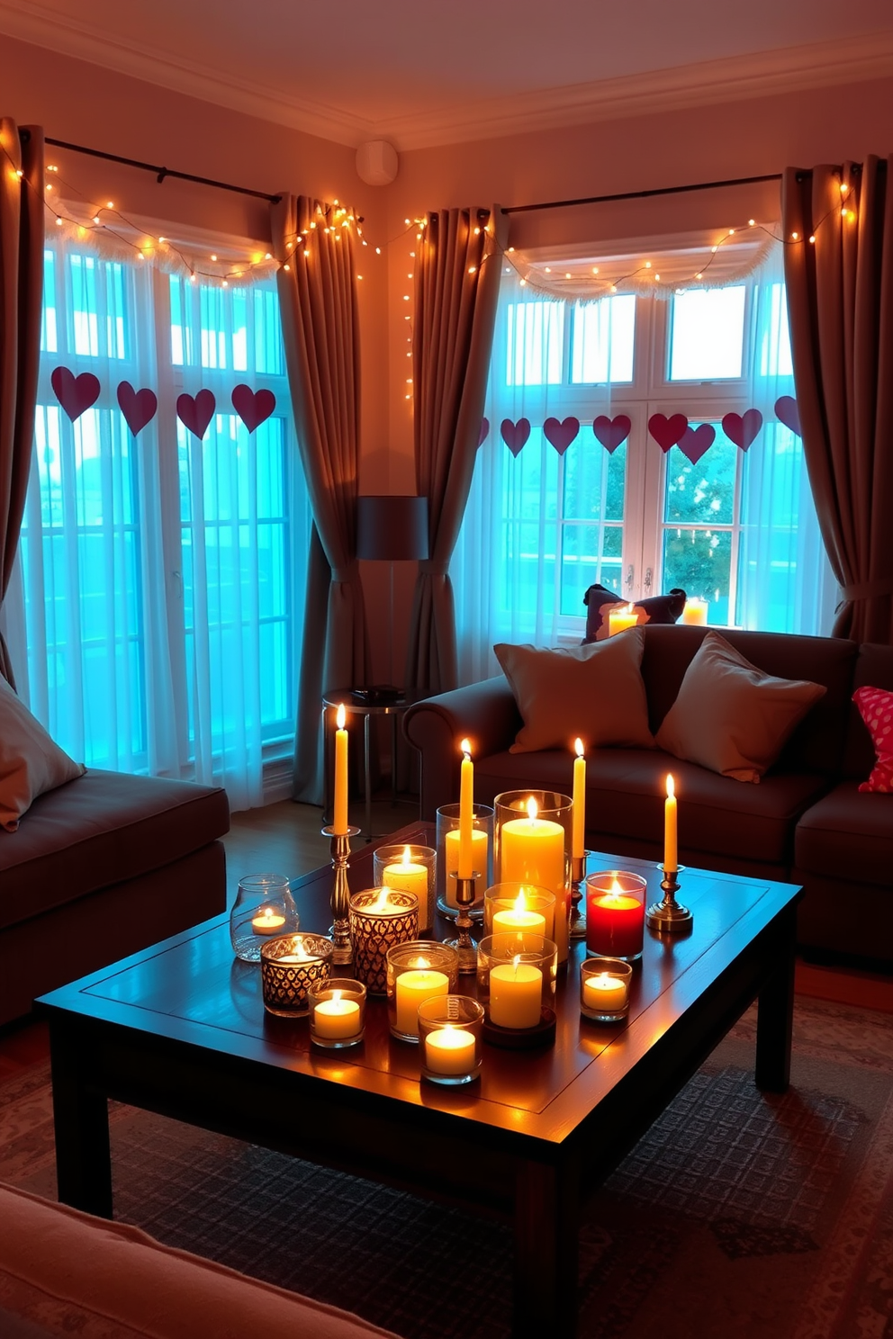 A cozy living room ambiance is created with an arrangement of candles in decorative holders scattered across a wooden coffee table. The soft glow of the candles adds warmth to the space, enhancing the romantic atmosphere for a perfect Valentine's Day celebration. The windows are adorned with elegant drapes that complement the overall color scheme of the room. Delicate heart-shaped garlands hang across the window frames, bringing a festive touch to the Valentine's Day decor.