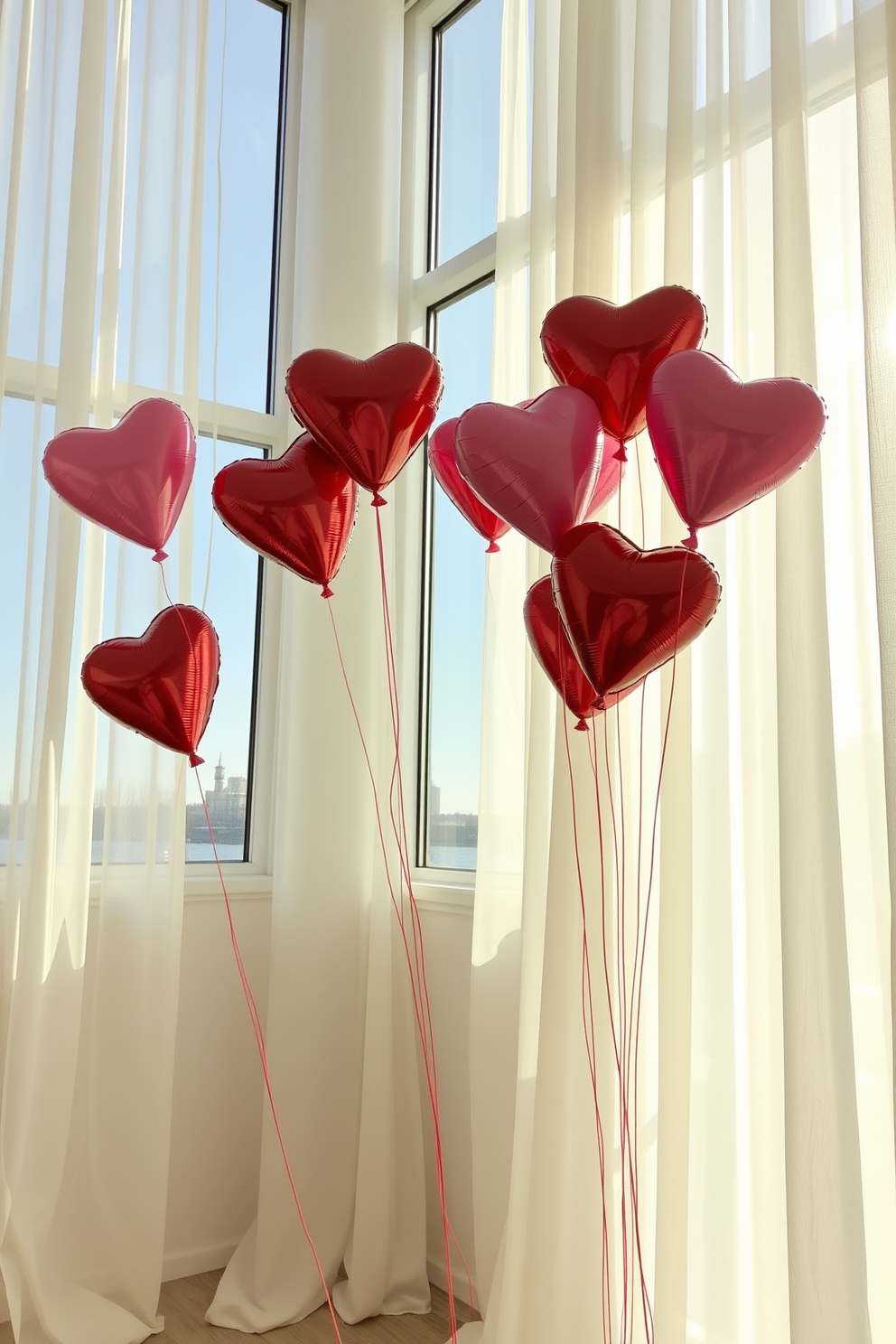 Heart-shaped balloons in various shades of red and pink float gracefully near large, sunlit windows. The scene is adorned with soft, sheer curtains that gently sway, creating a romantic atmosphere perfect for Valentine's Day celebrations.