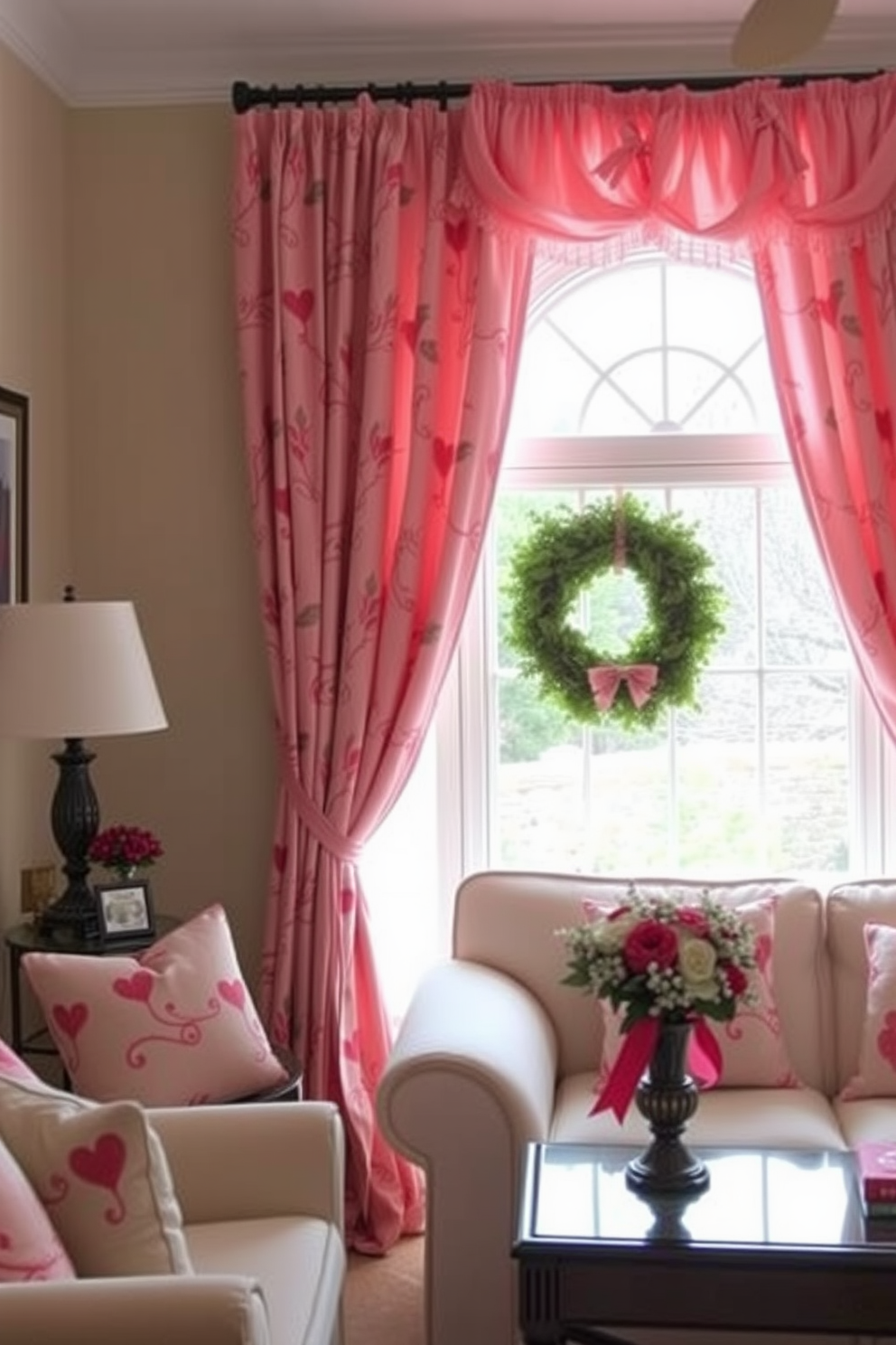 Create a cozy and inviting living room adorned with seasonal themed fabric drapes in various shades of pink. The drapes elegantly frame a large window, enhancing the romantic atmosphere perfect for Valentine's Day decorating ideas.