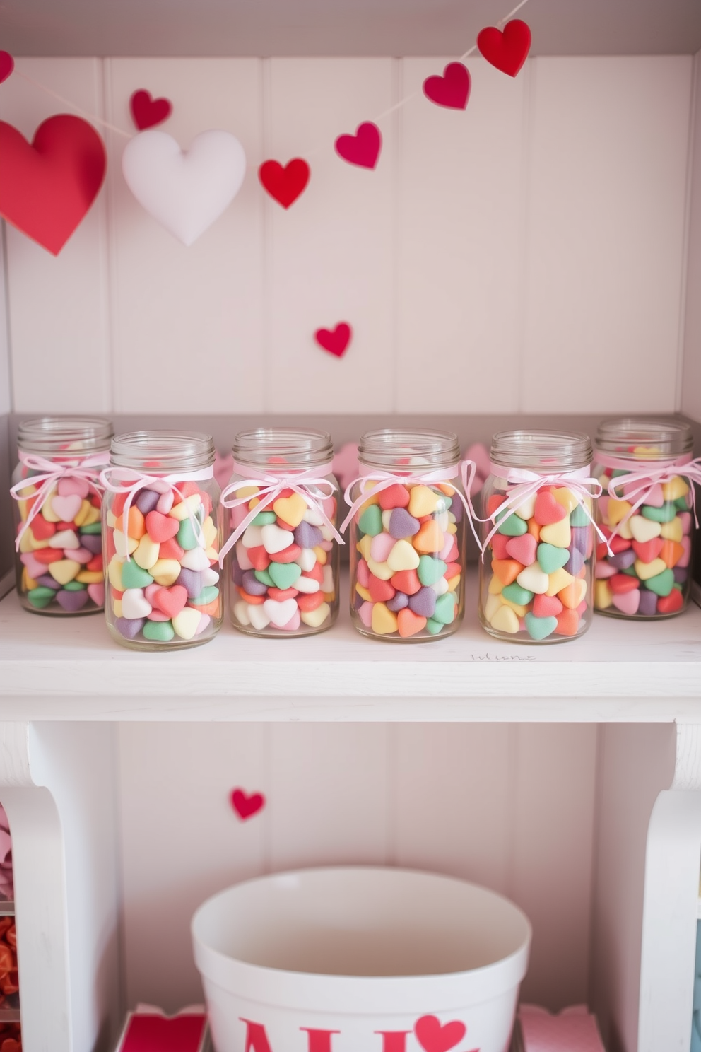 A charming display of glass jars filled with colorful candy hearts is arranged on a white wooden shelf. The jars are adorned with delicate ribbons and sit against a backdrop of soft pink and red decorations, creating a festive Valentine's Day atmosphere.