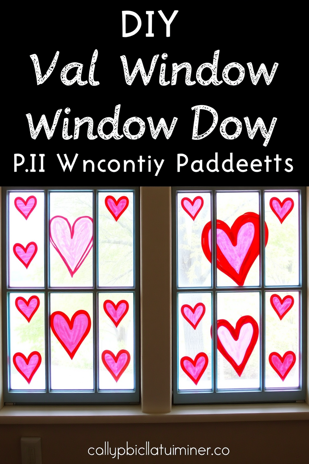 A charming DIY project featuring painted window panes adorned with heart designs. The window frames are transformed with vibrant colors, creating a festive atmosphere perfect for Valentine's Day decorating.