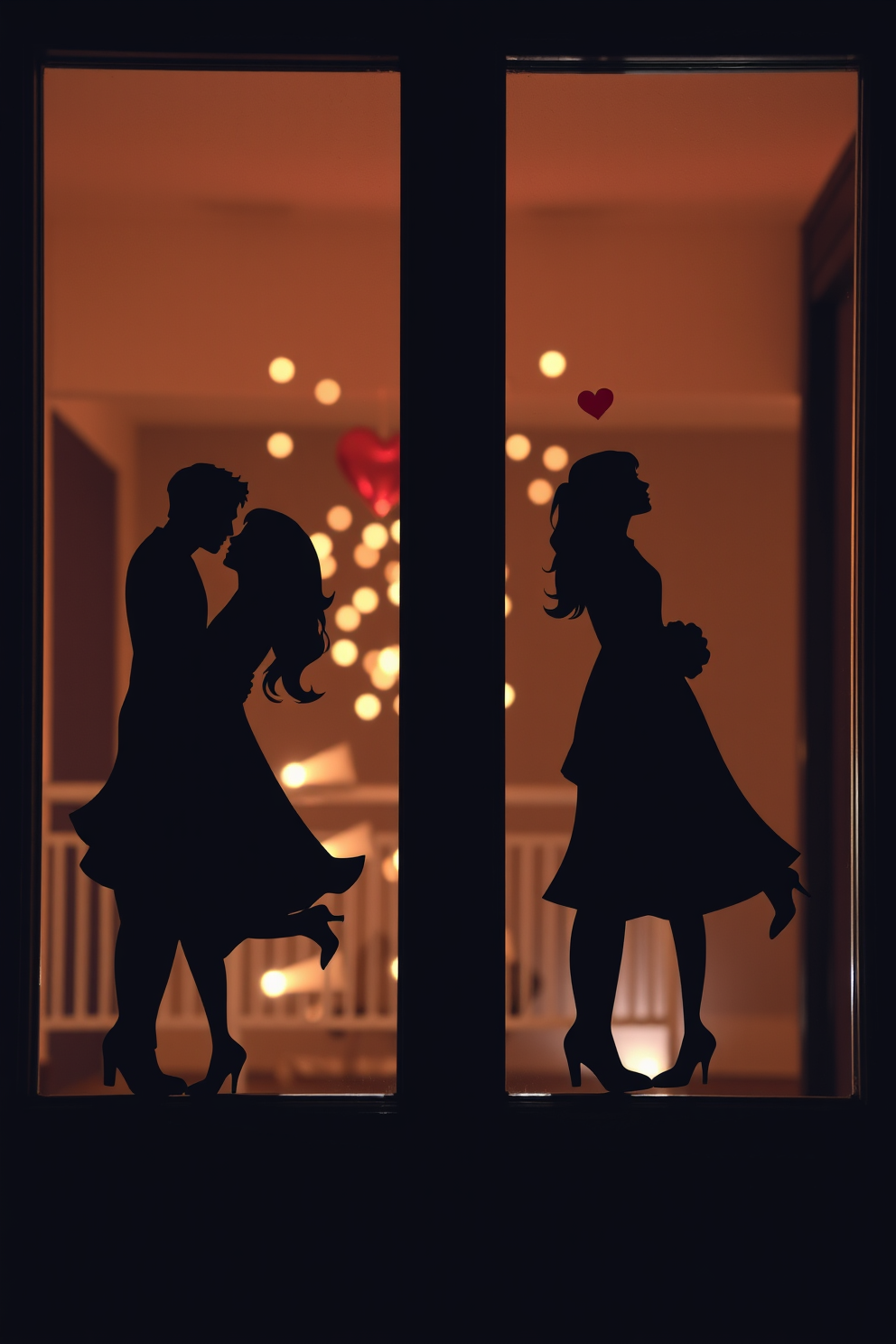 Silhouette cutouts of couples in love adorn the windows, creating a romantic atmosphere for Valentine's Day. Soft, ambient lighting enhances the silhouettes, casting gentle shadows that evoke warmth and intimacy.