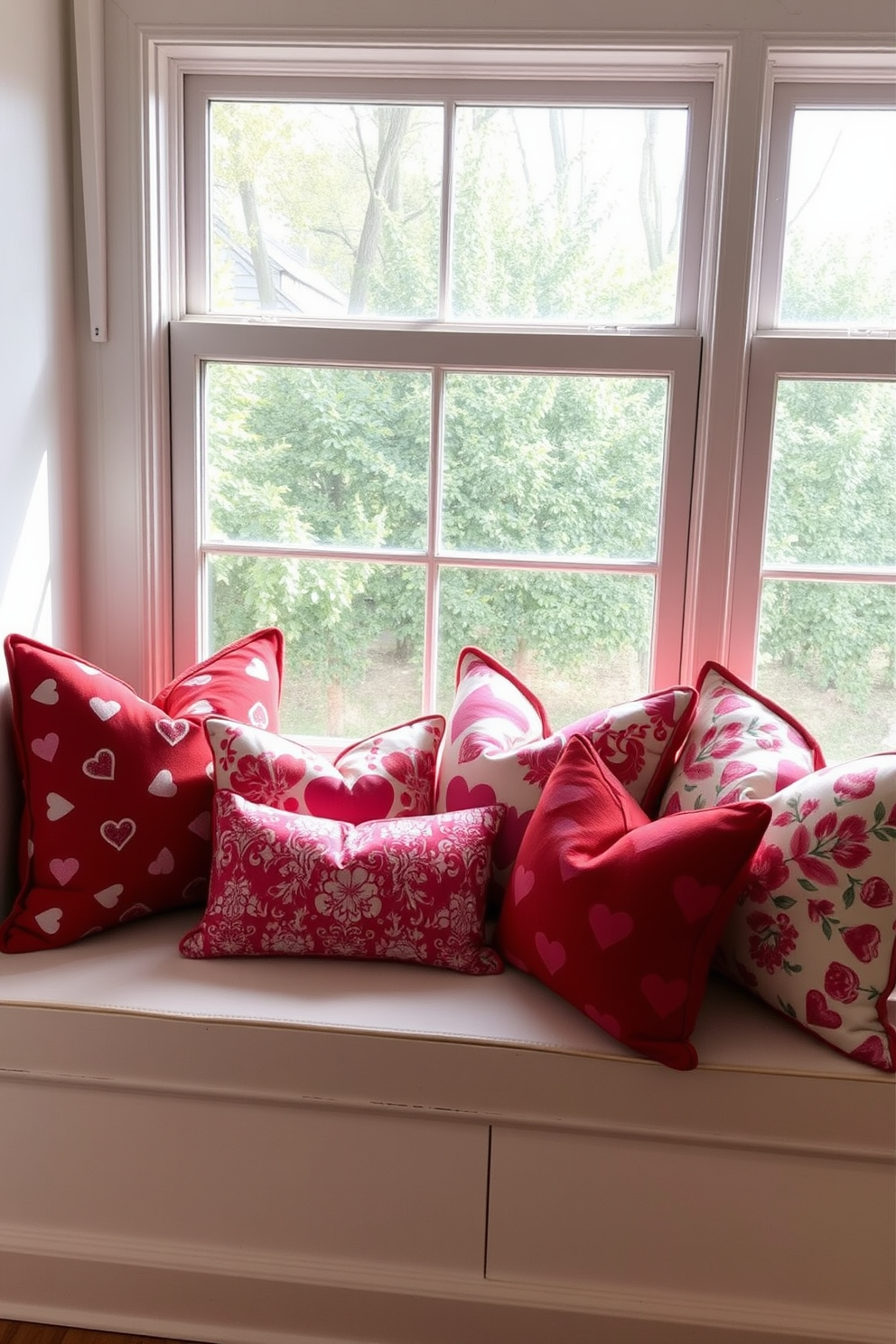 Create a cozy window seat adorned with seasonal throw pillows in shades of red and pink for Valentine's Day. The pillows feature various patterns, including hearts and florals, adding a festive touch to the space.