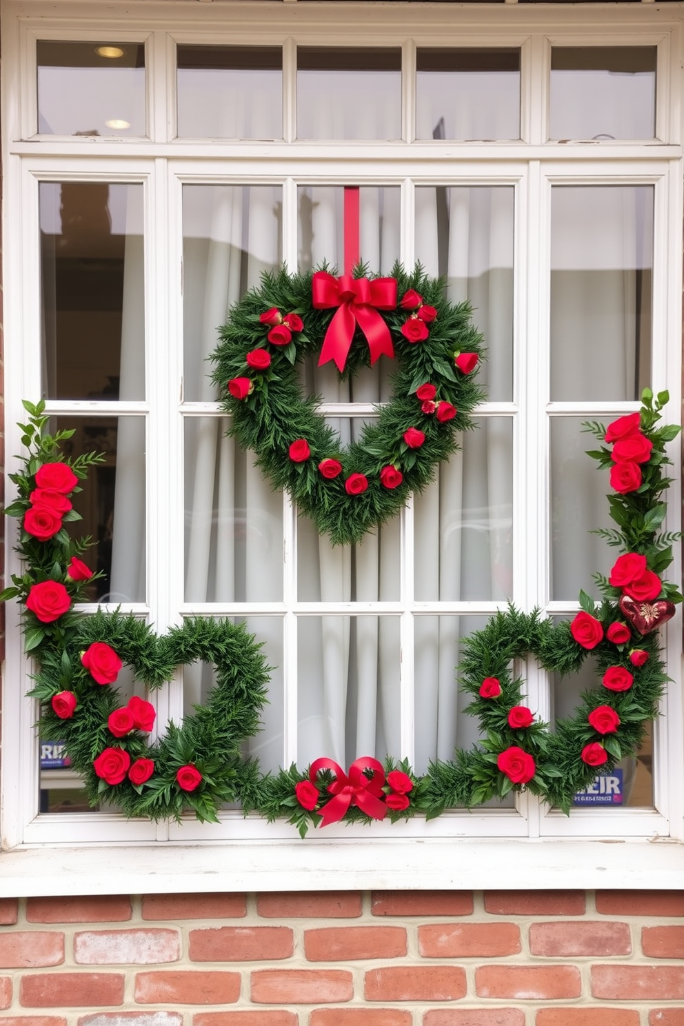 Create a charming window display adorned with heart-shaped wreaths that capture the essence of Valentine's Day. The wreaths should be crafted from lush greenery and vibrant red flowers, perfectly framing the window to create a warm and inviting atmosphere.