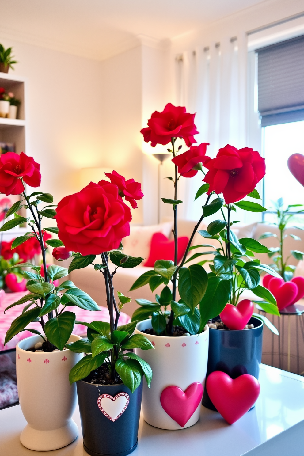 A bright and inviting living space adorned with potted plants featuring vibrant red blooms that add a touch of freshness. The room is decorated with charming Valentine's Day accents such as heart-shaped cushions and soft, romantic lighting.