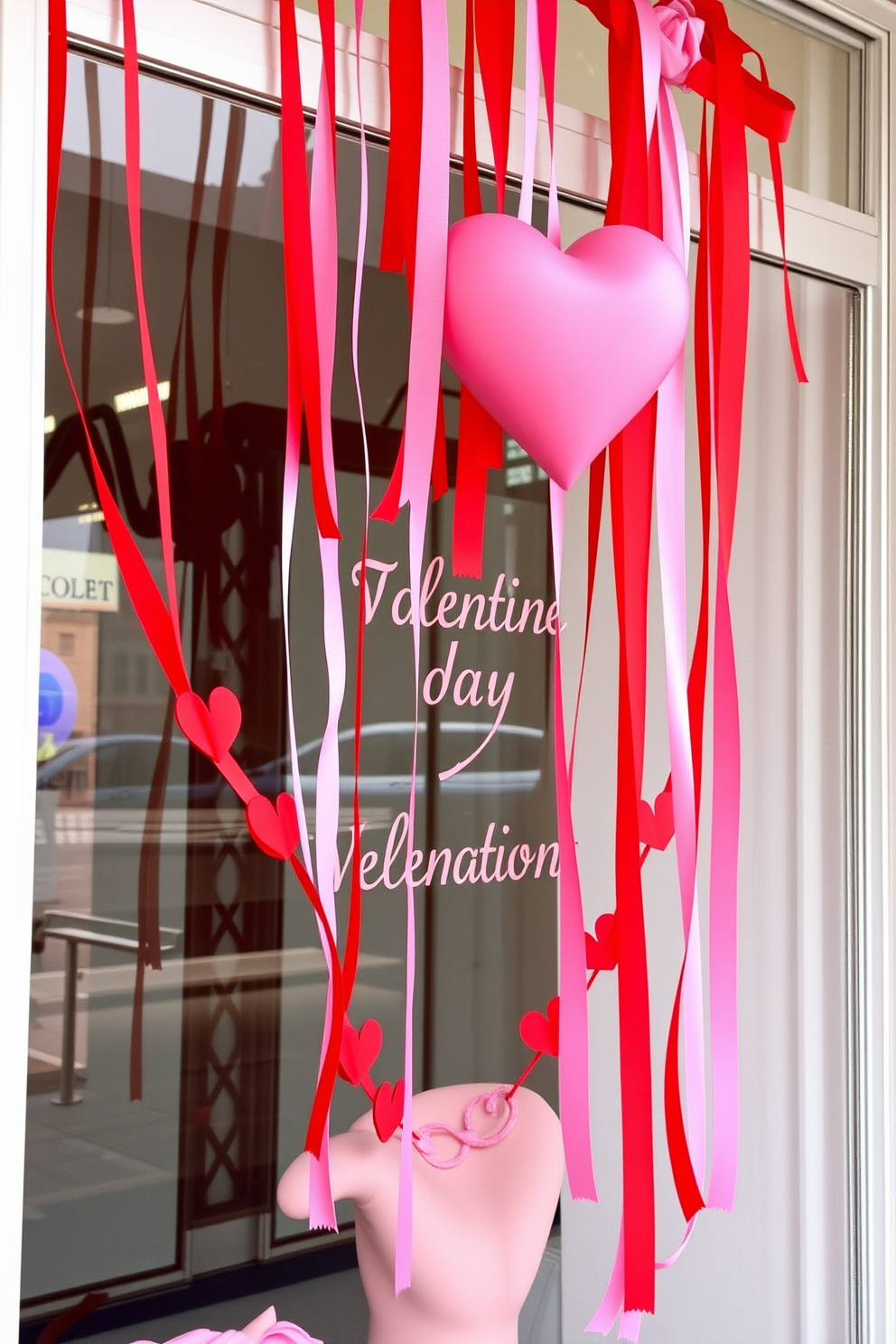 A charming window display for Valentine's Day adorned with hanging ribbons in shades of red and pink. The ribbons cascade gracefully, creating a romantic atmosphere that invites love and joy into the space.