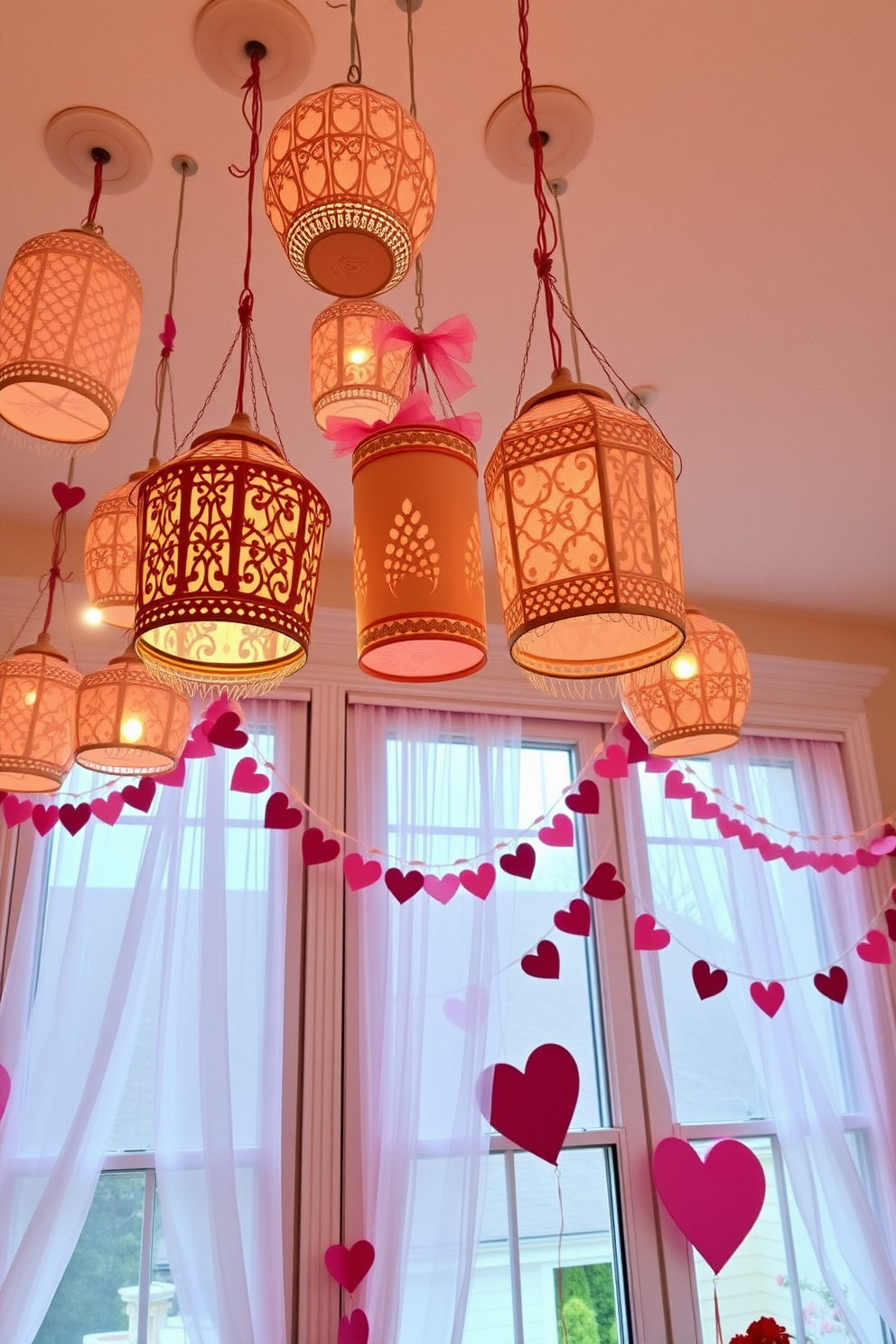 A charming arrangement of decorative lanterns hangs from the ceiling, casting a warm glow throughout the space. Each lantern features intricate designs and soft, inviting colors that enhance the whimsical atmosphere. For a delightful Valentine's Day theme, windows are adorned with heart-shaped garlands and delicate sheer curtains. Soft pink and red accents create a romantic ambiance, inviting love into the room.