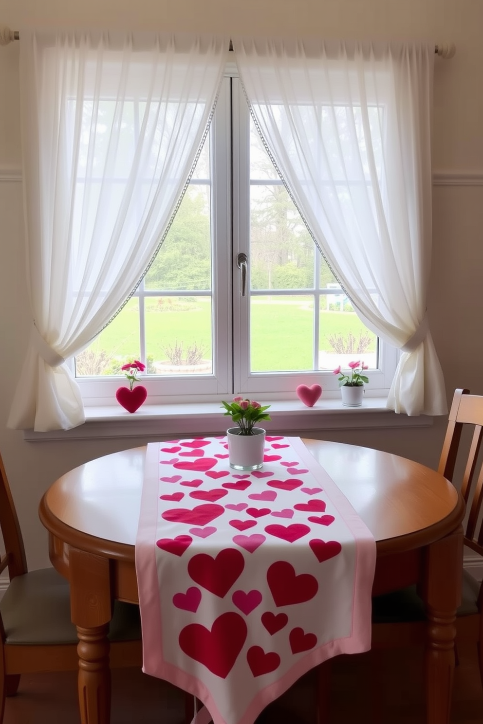 A charming dining table adorned with a heart-themed table runner draping elegantly over the edges. The runner features vibrant red and pink hearts against a soft white background, creating a festive atmosphere for Valentine's Day. In the windows, delicate sheer curtains frame the view, allowing soft natural light to filter through. Heart-shaped decorations and small potted flowers add a romantic touch to the window sills, enhancing the overall Valentine's Day decor.