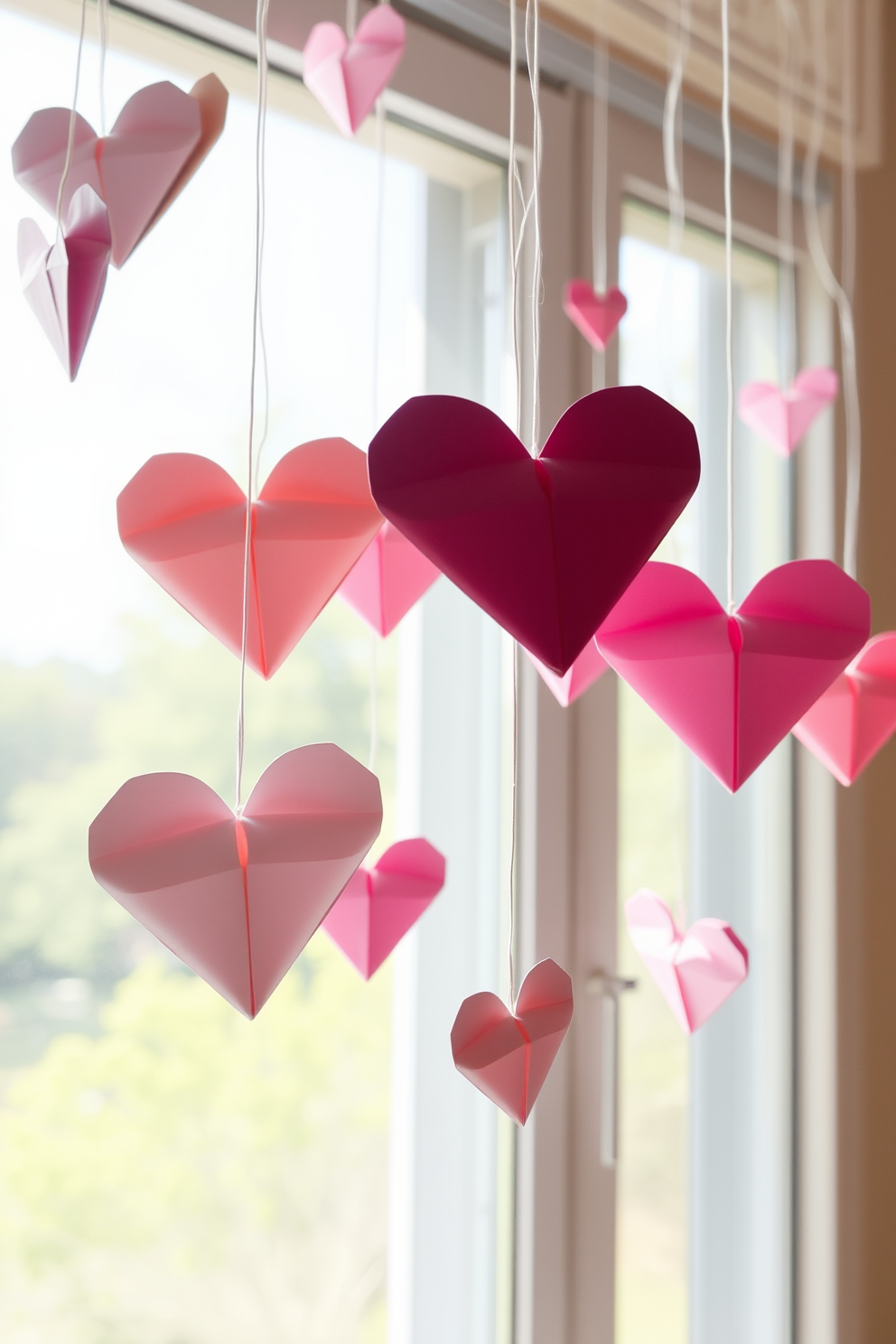 Crafted origami hearts are suspended gracefully from delicate strings, creating a whimsical and romantic atmosphere. The soft colors of the hearts contrast beautifully against the bright window, inviting warmth and love into the space.