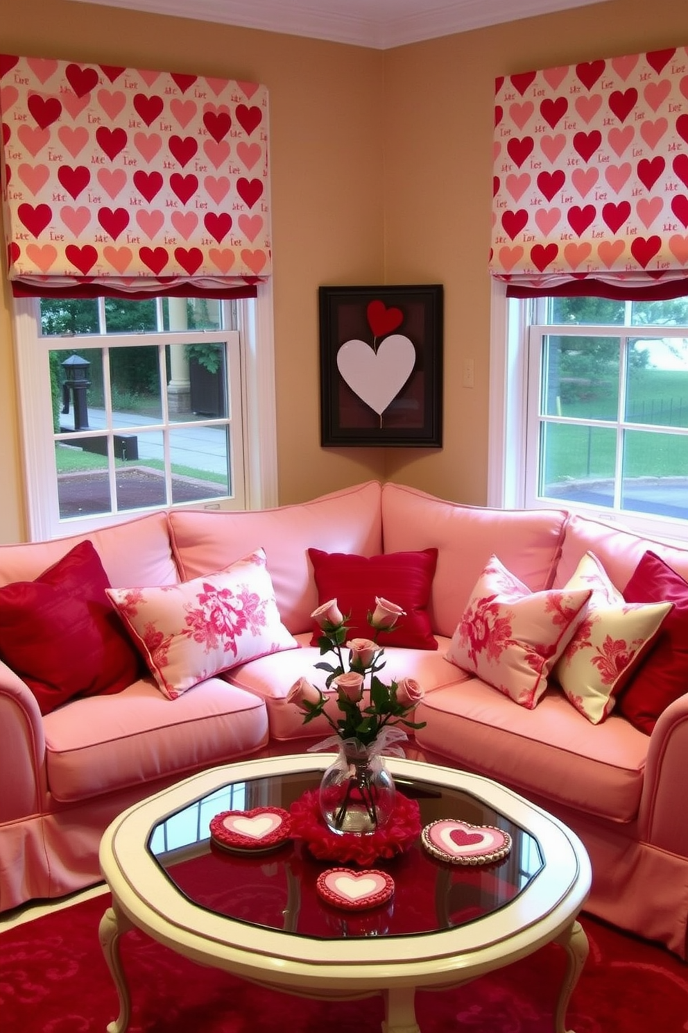 A cozy living room adorned with heart patterned window shades that add a touch of flair. The room features a plush sofa in soft pink, complemented by decorative throw pillows in various shades of red and white. A charming coffee table sits in the center, decorated with heart-themed coasters and a bouquet of fresh roses. The walls are painted in a warm cream tone, creating a perfect backdrop for festive Valentine's Day decorations.