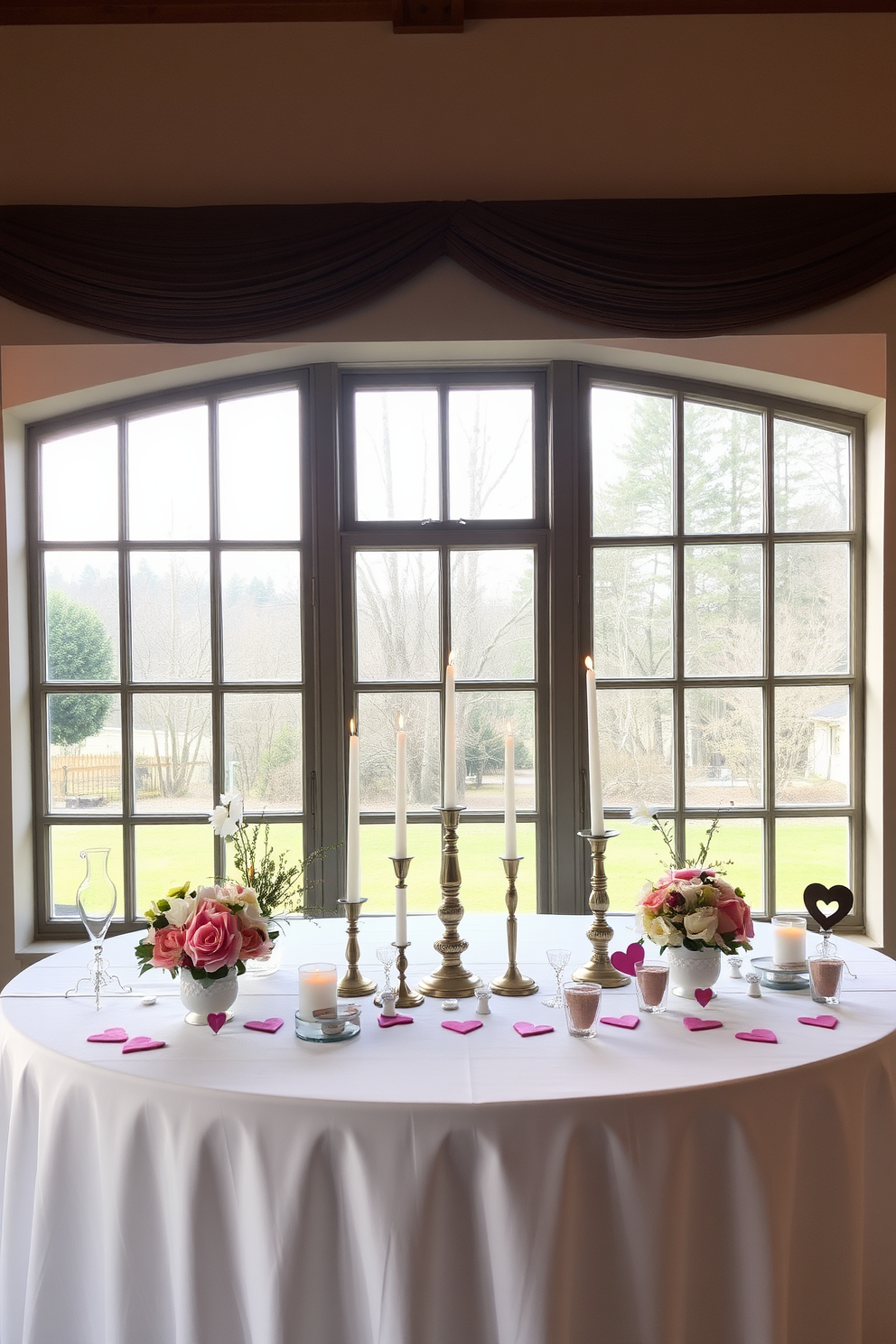 A charming sweetheart table display is set in front of a large window, allowing natural light to illuminate the romantic setting. The table is adorned with a soft white tablecloth and delicate floral arrangements in pastel hues. Candles of varying heights are placed along the center, creating a warm and inviting atmosphere. Heart-shaped decorations and subtle Valentine's Day accents enhance the enchanting vibe of the display.