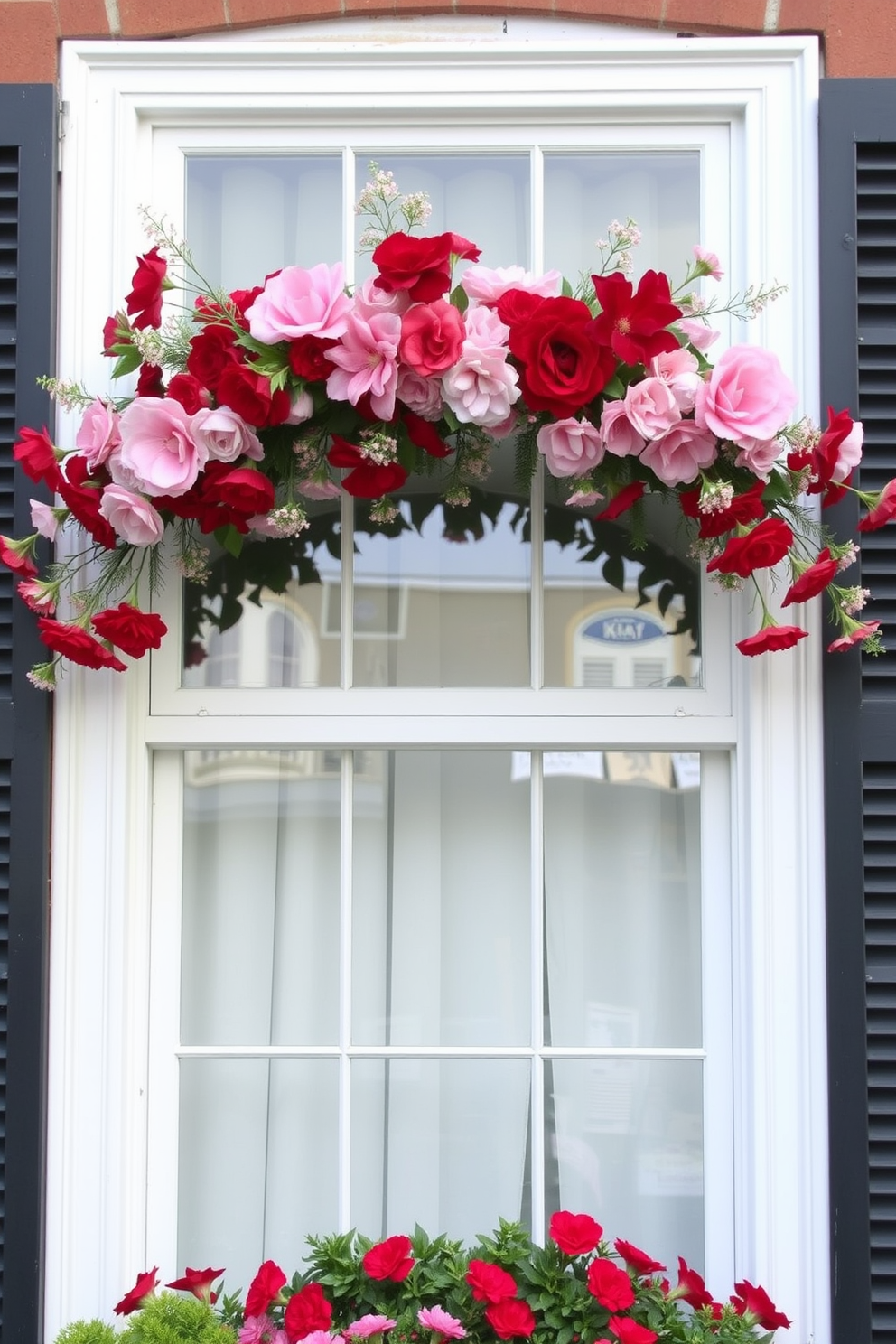 A charming window adorned with a floral swag that gracefully drapes across the top. The arrangement features vibrant red and pink flowers, creating a festive atmosphere perfect for Valentine's Day decorating ideas.