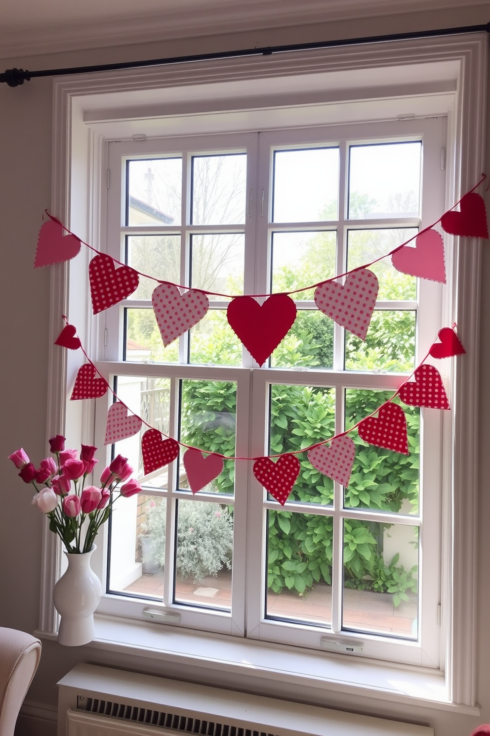 A charming living space adorned with colorful fabric bunting strung across the window. The bunting features a variety of heart patterns in red, pink, and white, creating a festive atmosphere for Valentine's Day.