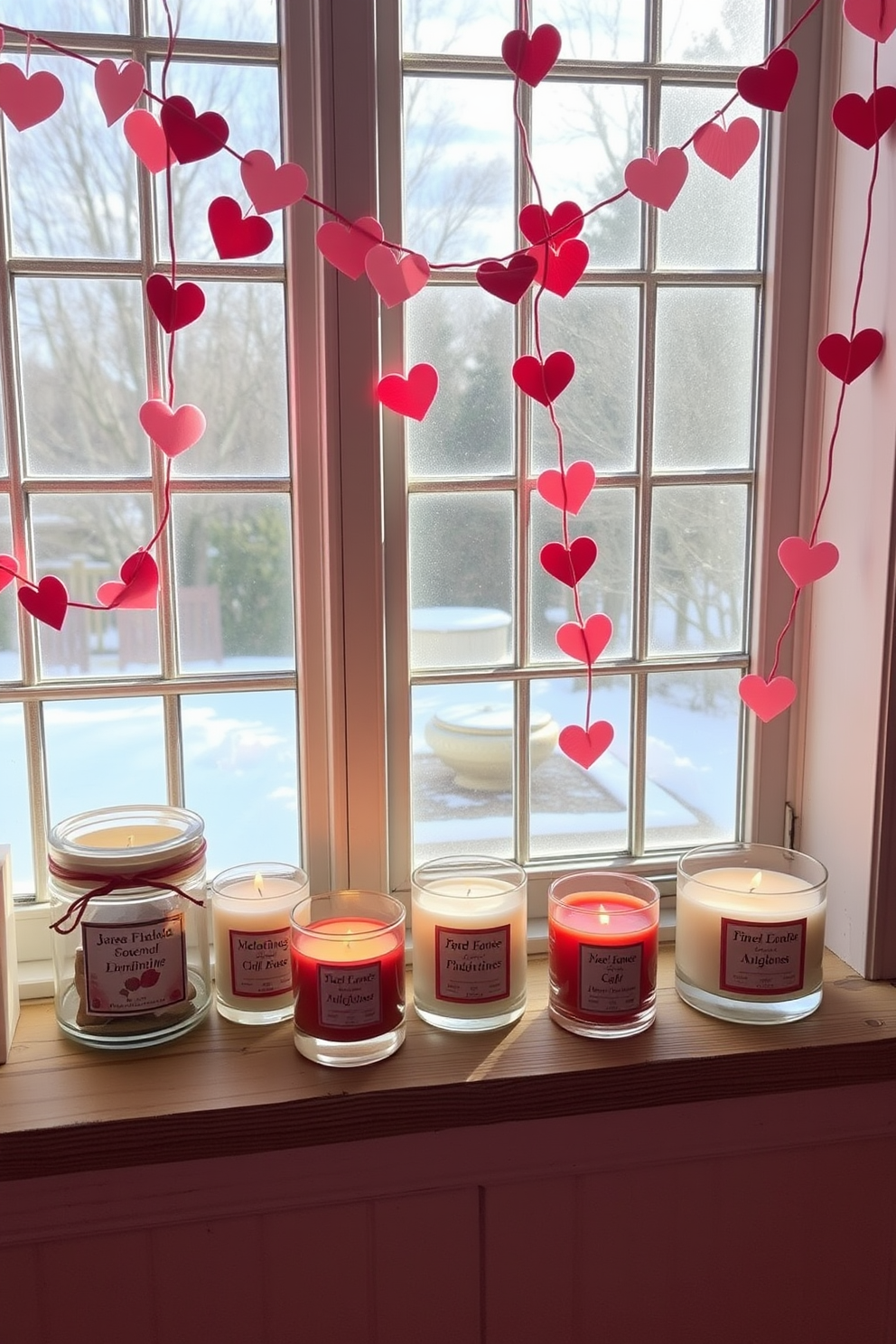 A collection of seasonal scented candles is arranged on a rustic wooden shelf. Each candle is in a different festive container, creating a warm and inviting atmosphere. For Valentine's Day, the windows are adorned with delicate heart-shaped garlands. Soft pink and red hues complement the natural light streaming in, enhancing the romantic vibe.