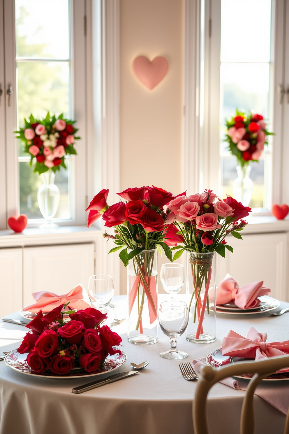 Create a charming Valentine's Day scene featuring vibrant red and pink floral arrangements in elegant vases. The vases are placed on a beautifully set dining table adorned with soft, romantic lighting and delicate tableware. In the background, large windows allow natural light to illuminate the space, enhancing the colors of the flowers. The window sills are decorated with additional small floral accents and heart-themed decor to complete the festive atmosphere.