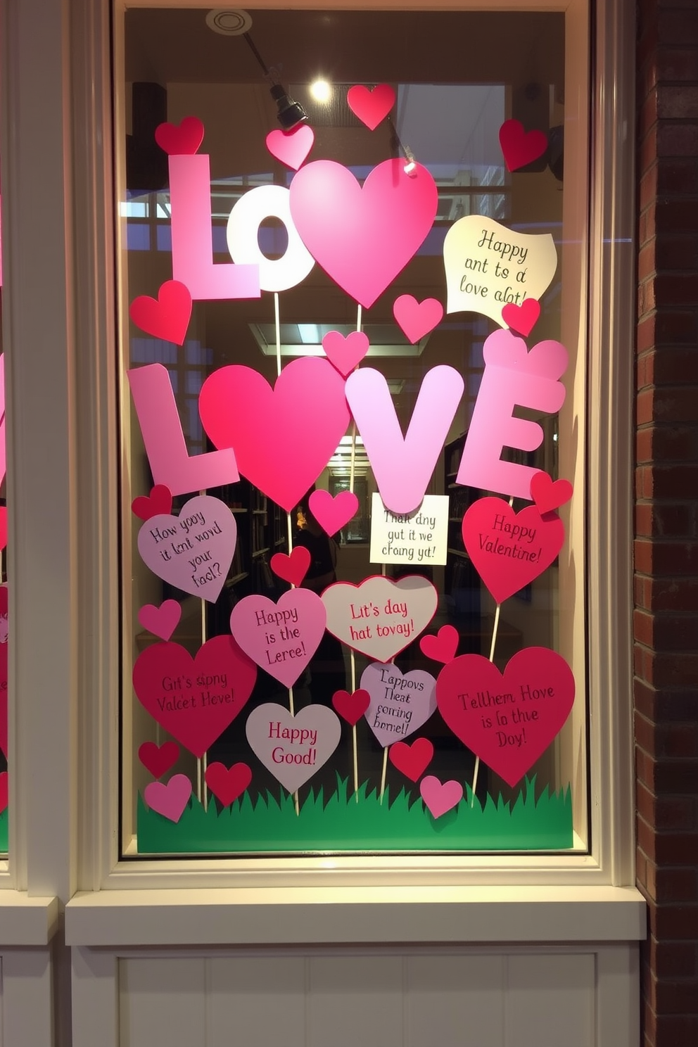 A whimsical display of love-themed art fills the windows, featuring vibrant colors and playful designs that celebrate romance. Heart-shaped cutouts and cheerful quotes are artistically arranged to create an inviting and festive atmosphere for Valentine's Day.