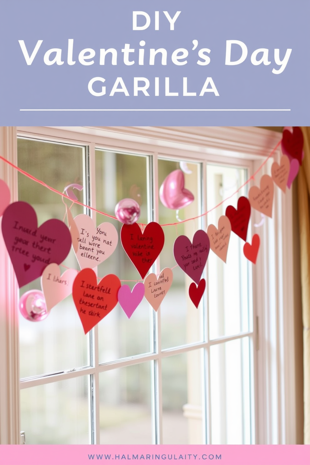 A charming DIY garland made from colorful paper hearts, each adorned with heartfelt love notes. The garland is draped elegantly across a window, creating a warm and inviting Valentine's Day atmosphere.