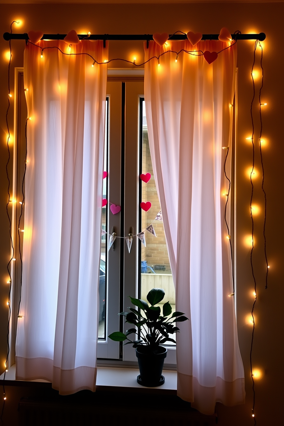 A charming living space adorned with delicate string lights that cast a warm and inviting glow throughout the room. The lights are draped elegantly along the walls and around the window, creating a magical atmosphere perfect for relaxation. The window features festive Valentine's Day decorations, including heart-shaped garlands and soft pastel curtains that flutter gently in the breeze. A small potted plant sits on the windowsill, adding a touch of greenery to the romantic setting.