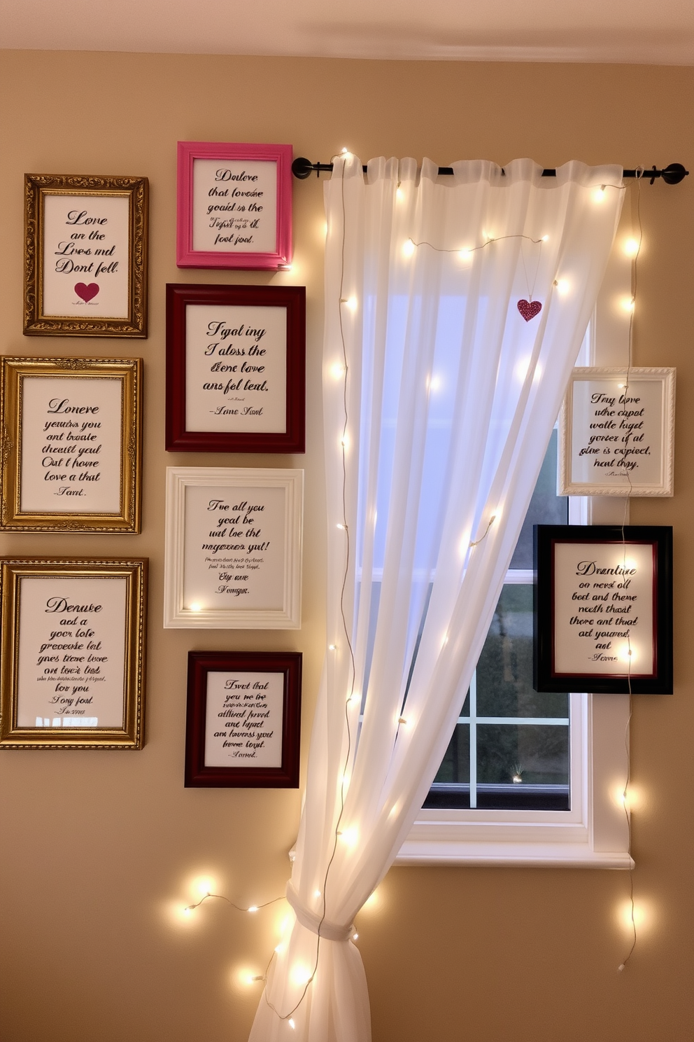 Framed love quotes in decorative frames adorn the walls, each quote elegantly presented in a unique, artistic frame. The frames vary in color and style, creating a whimsical yet cohesive gallery that celebrates love and affection. Window Valentines Day decorating ideas include sheer white curtains adorned with delicate heart-shaped embellishments. Soft fairy lights are draped around the window, casting a warm glow and enhancing the romantic atmosphere.