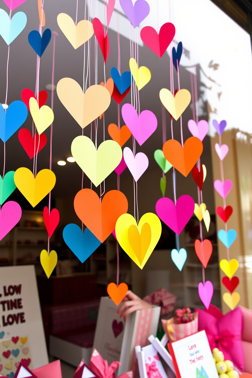 Colorful paper hearts are suspended from strings, creating a whimsical and festive atmosphere. The hearts are crafted in various sizes and vibrant colors, adding a playful touch to the window display for Valentine's Day.