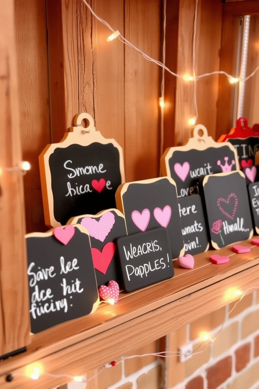 Create a charming display of mini chalkboards featuring sweet messages for a cozy Valentine's Day atmosphere. Arrange the chalkboards on a rustic wooden shelf, surrounded by soft fairy lights and small decorative hearts. Incorporate playful colors like pink and red in the chalkboard designs to enhance the festive spirit. Use whimsical fonts to write the messages, adding a personal touch to each board for a heartwarming effect.