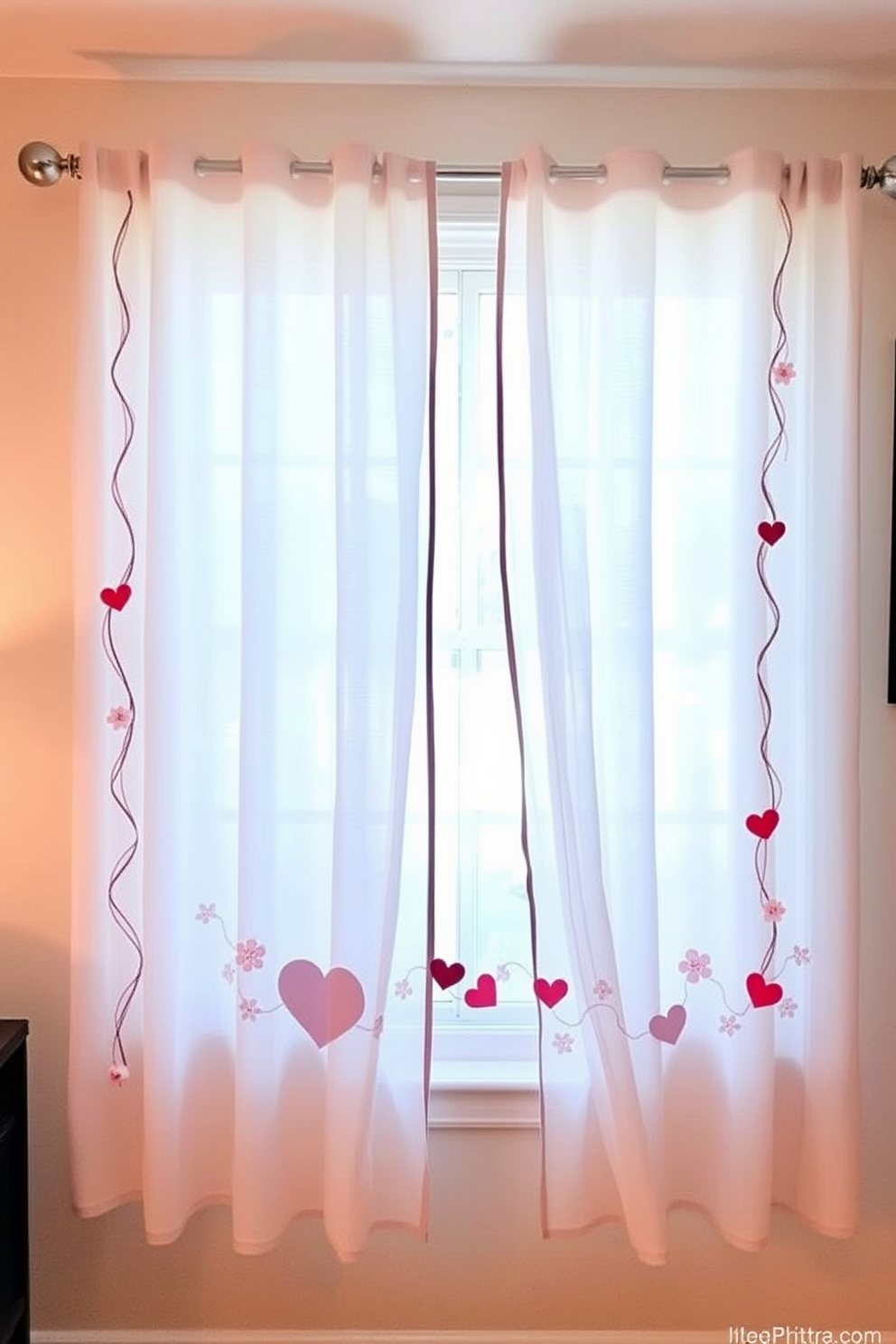 Layered sheer curtains gently filter soft light into the room, creating an inviting atmosphere. The delicate fabric softly drapes from a stylish rod, adding an elegant touch to the window. For Valentine's Day, the window is adorned with charming decorations that celebrate love and romance. Heart-shaped garlands and subtle floral accents complement the sheer curtains, enhancing the festive ambiance.