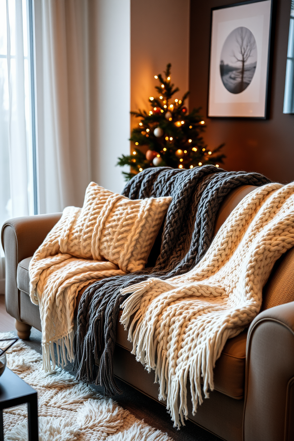 A cozy winter apartment setting featuring a plush sofa adorned with soft knit blankets in various shades of cream and gray. The room is illuminated by warm, ambient lighting, creating an inviting atmosphere perfect for relaxation.