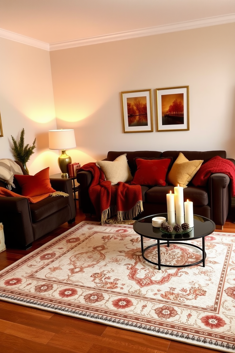 A cozy winter apartment setting featuring a warm color palette. The walls are painted in soft beige, complemented by rich chocolate brown furniture and golden accents. Plush throw blankets and decorative pillows in deep reds and warm oranges are scattered across the sofa. A large area rug with intricate patterns adds texture and warmth to the hardwood floor. Soft, ambient lighting from stylish lamps creates an inviting atmosphere. Seasonal decorations like pinecones and candles enhance the winter theme while maintaining elegance.