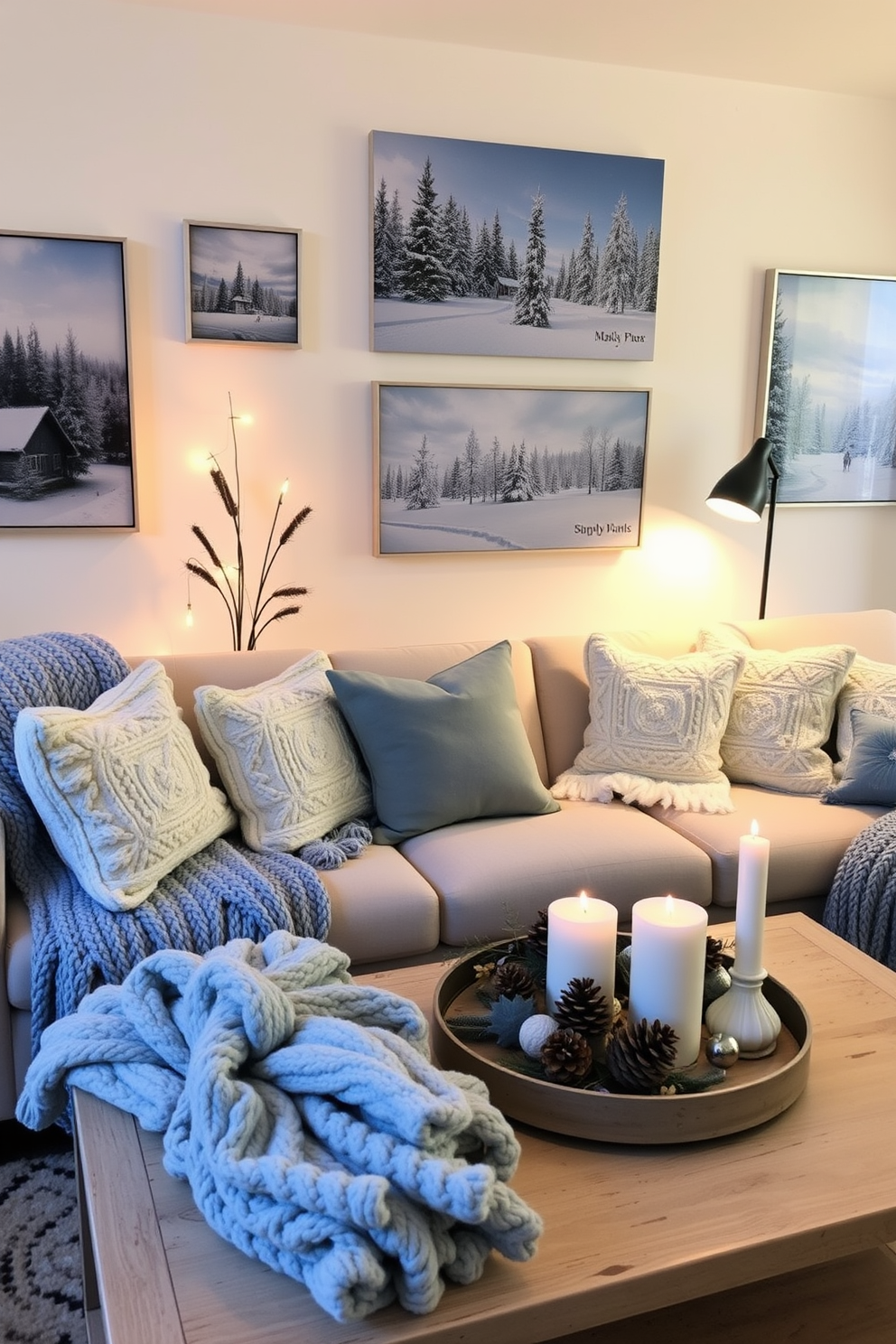 A cozy winter-themed apartment adorned with artwork depicting snowy landscapes and festive scenes. The walls are painted in soft white tones to enhance the brightness of the space, complemented by plush, neutral-colored furnishings. Decorative accents include knit throws and cushions in shades of icy blue and silver. A beautifully arranged coffee table features seasonal decor such as pinecones and candles, creating a warm and inviting atmosphere.