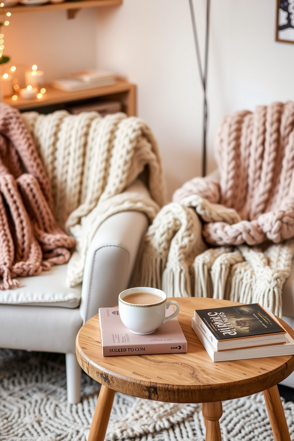 A cozy reading nook by a large window features a plush armchair in a soft gray fabric, adorned with a chunky knit blanket draped over one side. A small round side table holds a steaming cup of tea and a stack of well-loved books, while sheer curtains gently filter the winter sunlight. The walls are painted in a warm cream tone, creating a bright and inviting atmosphere. A soft area rug in muted tones anchors the space, and a tall indoor plant adds a touch of greenery to the corner.