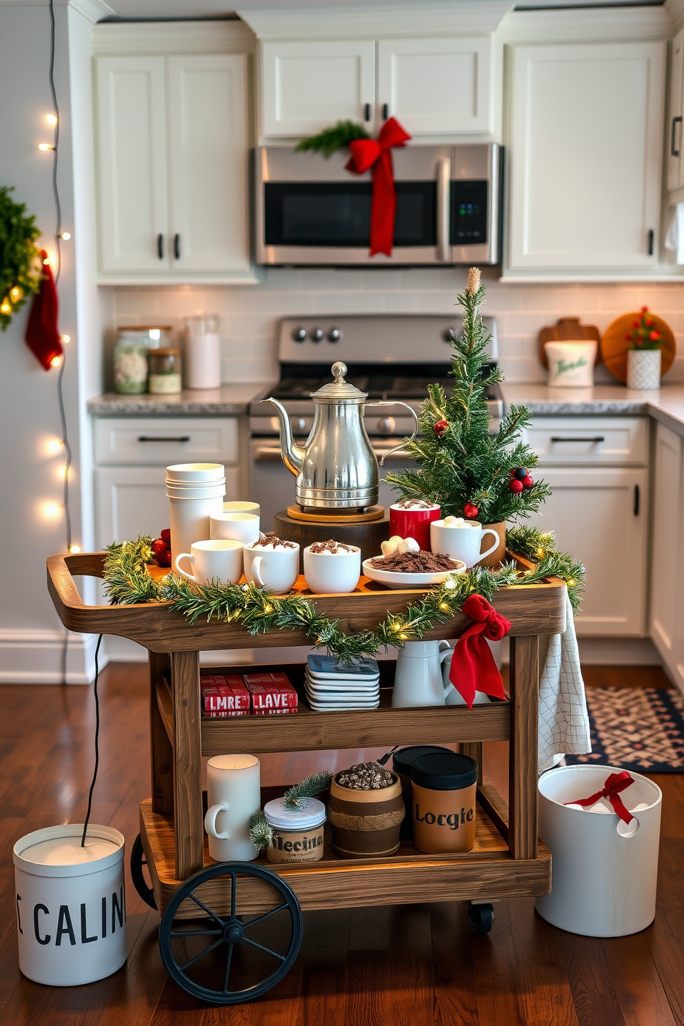 A cozy hot cocoa station in a modern kitchen. The station features a rustic wooden cart topped with a vintage kettle, mugs, and an assortment of toppings like marshmallows and chocolate shavings. Surrounding the cart are festive winter decorations, including a small evergreen tree and string lights that create a warm ambiance. The kitchen is adorned with soft, neutral tones and touches of red and green to enhance the holiday spirit.