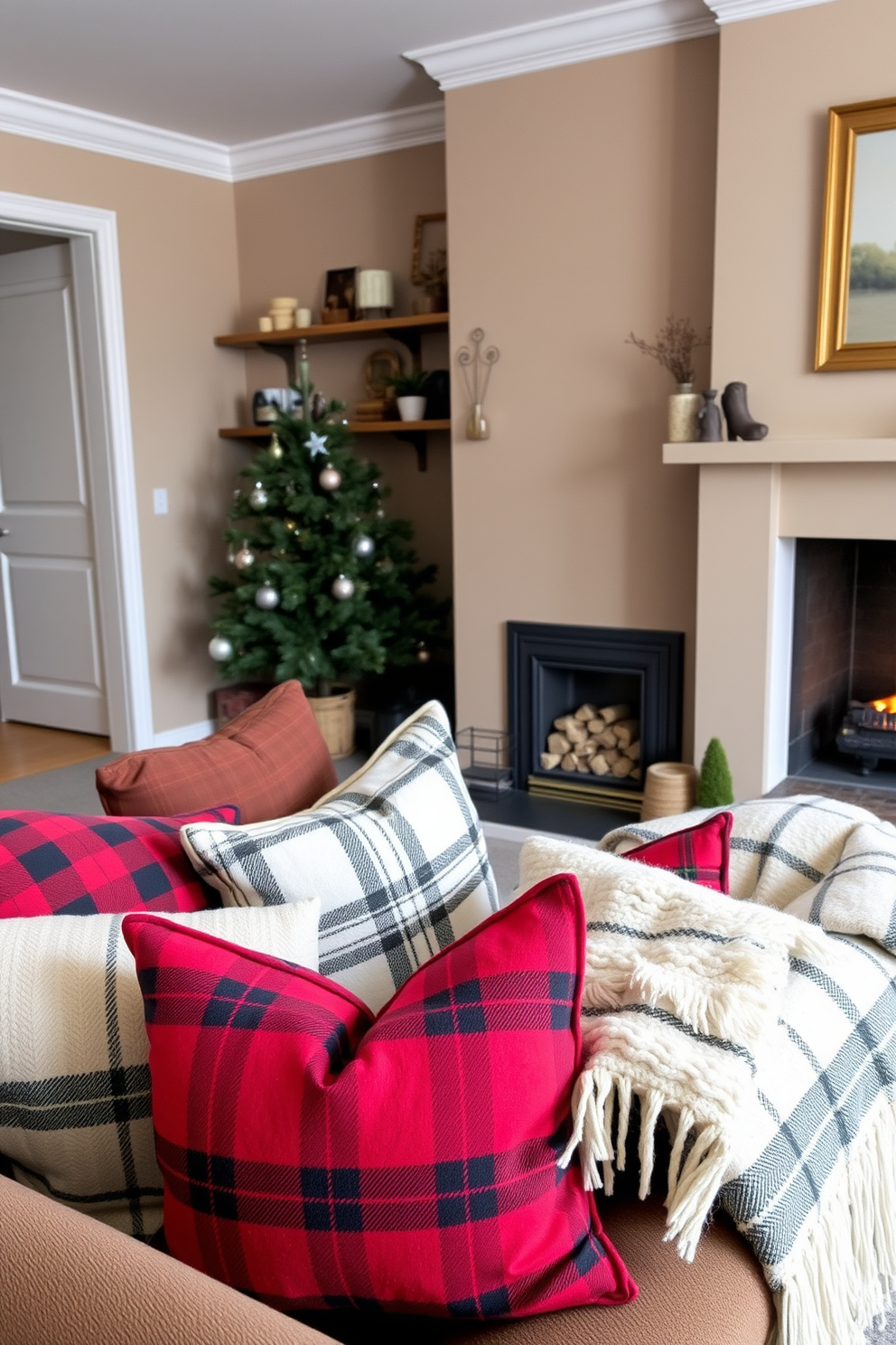 A cozy winter apartment setting featuring plaid patterns on cushions and throws. The living room is adorned with a warm color palette, complemented by a fireplace that adds a touch of warmth and comfort.