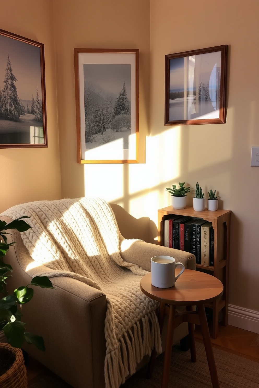 A cozy reading nook bathed in soft natural light. There is a plush armchair draped with a chunky knit blanket next to a small wooden side table holding a steaming mug of tea. The walls are painted in a warm neutral tone, adorned with framed art that reflects winter landscapes. A small bookshelf filled with novels and a few potted plants adds a touch of life to the space.