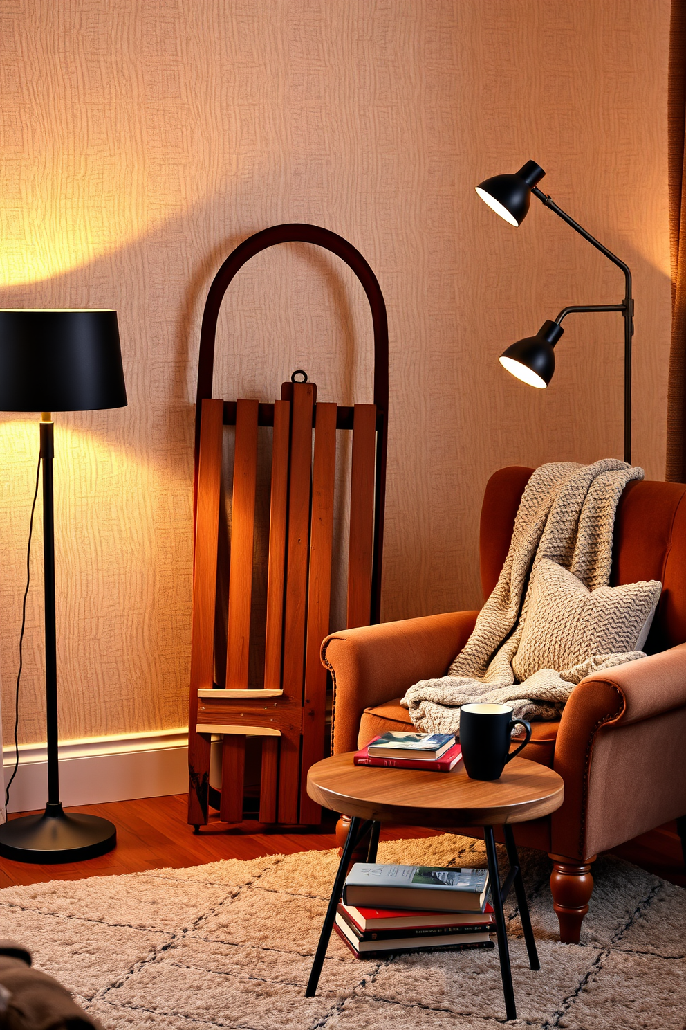 A cozy winter apartment setting featuring a vintage sled as a decorative piece. The sled is positioned against a wall adorned with soft, textured wallpaper, surrounded by warm, ambient lighting from stylish floor lamps. In the corner, a plush armchair is draped with a knitted throw blanket, inviting relaxation. A small wooden coffee table holds a stack of seasonal books and a steaming mug, enhancing the inviting atmosphere.