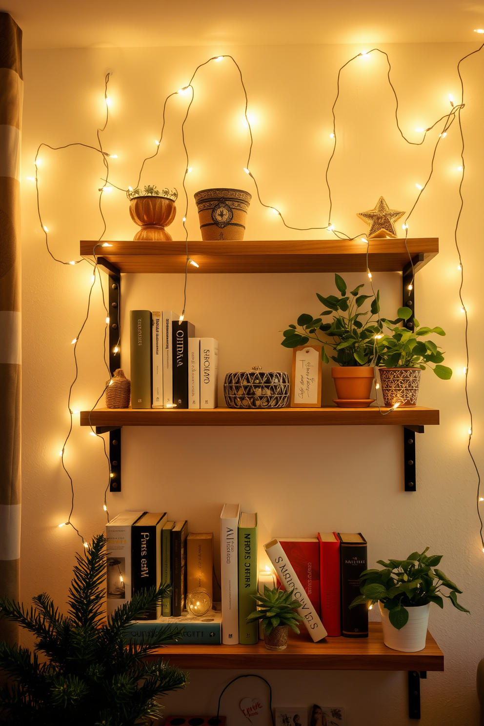 A cozy winter apartment setting adorned with fairy lights draped over wooden shelves. The warm glow of the lights creates an inviting atmosphere, highlighting decorative books and potted plants on the shelves.