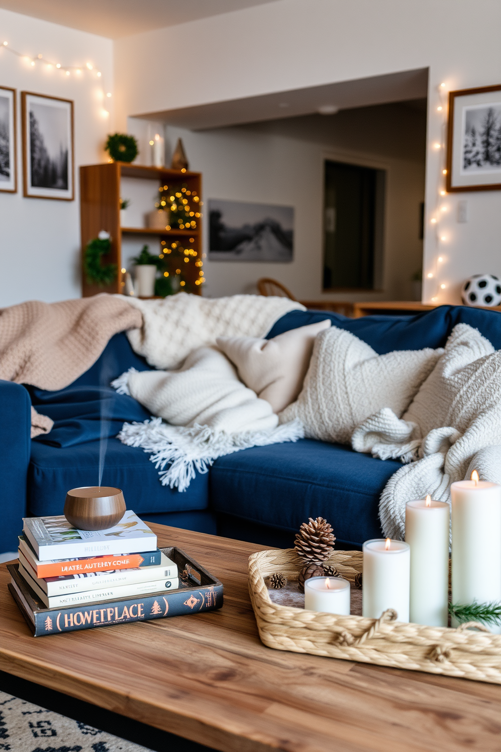 A cozy winter apartment adorned with soft blankets and plush pillows scattered across a deep blue sofa. A stylish essential oil diffuser releases seasonal scents of pine and cinnamon, creating a warm and inviting atmosphere. The walls are decorated with framed winter landscapes, while twinkling fairy lights add a touch of magic to the space. A rustic wooden coffee table holds a stack of holiday-themed books and a decorative tray filled with pinecones and candles.