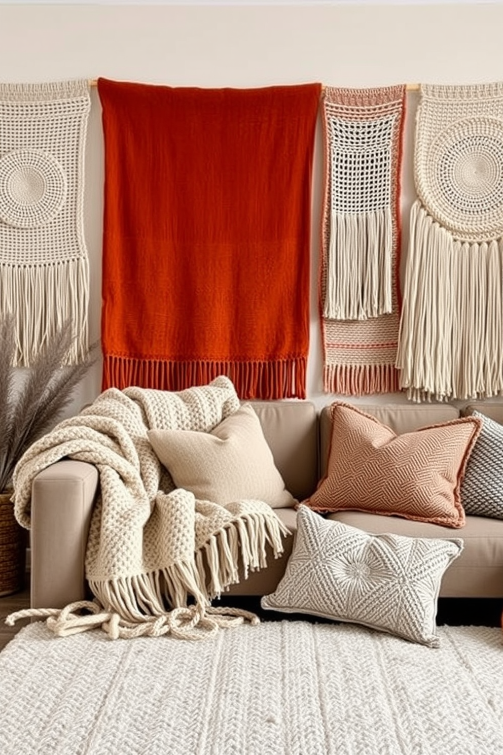 Textured wall hangings create a sense of warmth and coziness in a winter apartment. Soft woven fabrics in neutral tones are layered against a backdrop of cool winter colors. Incorporate oversized knit blankets draped over furniture to enhance the inviting atmosphere. Add decorative pillows in rich textures to complement the wall hangings and provide comfort.