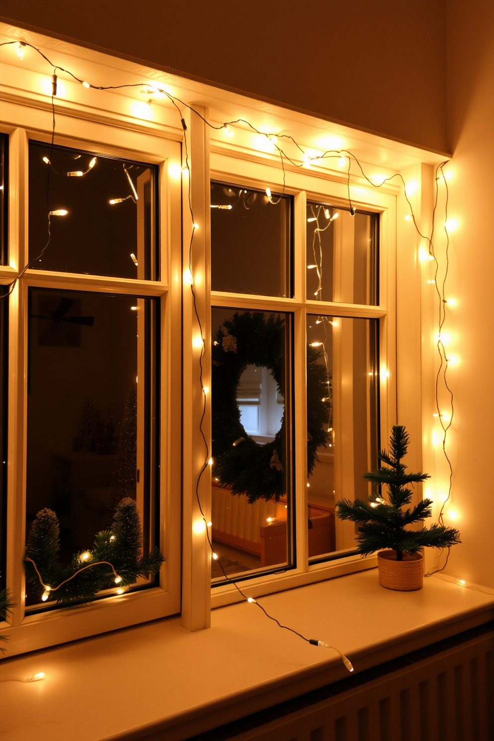 A cozy winter apartment setting adorned with warm white string lights delicately draped around the windows. The soft glow of the lights enhances the inviting atmosphere, creating a perfect backdrop for seasonal decorations.