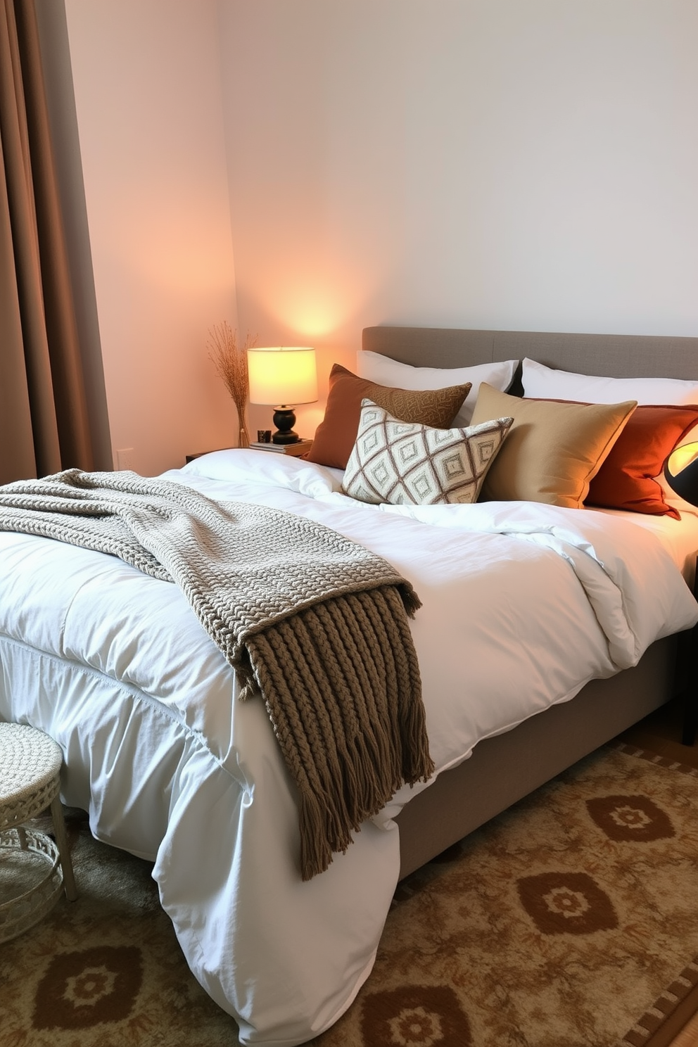 A cozy winter apartment setting featuring layered bedding on a plush king-sized bed. The bedding includes a mix of soft flannel sheets, a chunky knit blanket, and decorative throw pillows in warm earth tones. The room is adorned with a stylish area rug that complements the bedding. Soft, ambient lighting from a bedside lamp creates a warm and inviting atmosphere.