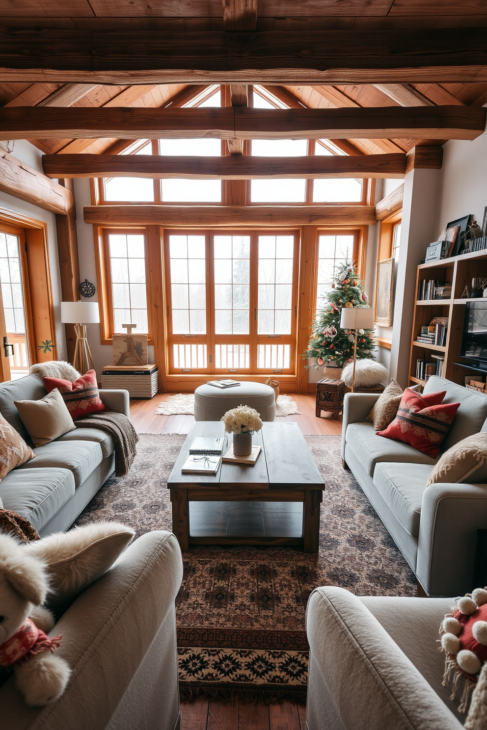 A cozy winter apartment featuring natural wood elements in the decor. The living room has a warm wooden coffee table surrounded by plush, neutral-toned sofas and a soft, textured rug. Large windows allow natural light to flood the space, highlighting the wooden beams on the ceiling. A rustic wooden bookshelf is filled with winter-themed decor and books, creating a welcoming atmosphere.