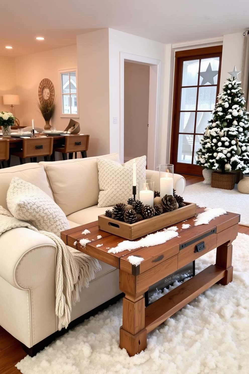 A cozy winter apartment setting adorned with faux snow accents. Soft white snow blankets the surfaces, creating a serene and inviting atmosphere. The living room features a plush cream sofa with knitted throw blankets draped over the arm. A rustic wooden coffee table is topped with a centerpiece of pinecones and candles, enhancing the winter charm.