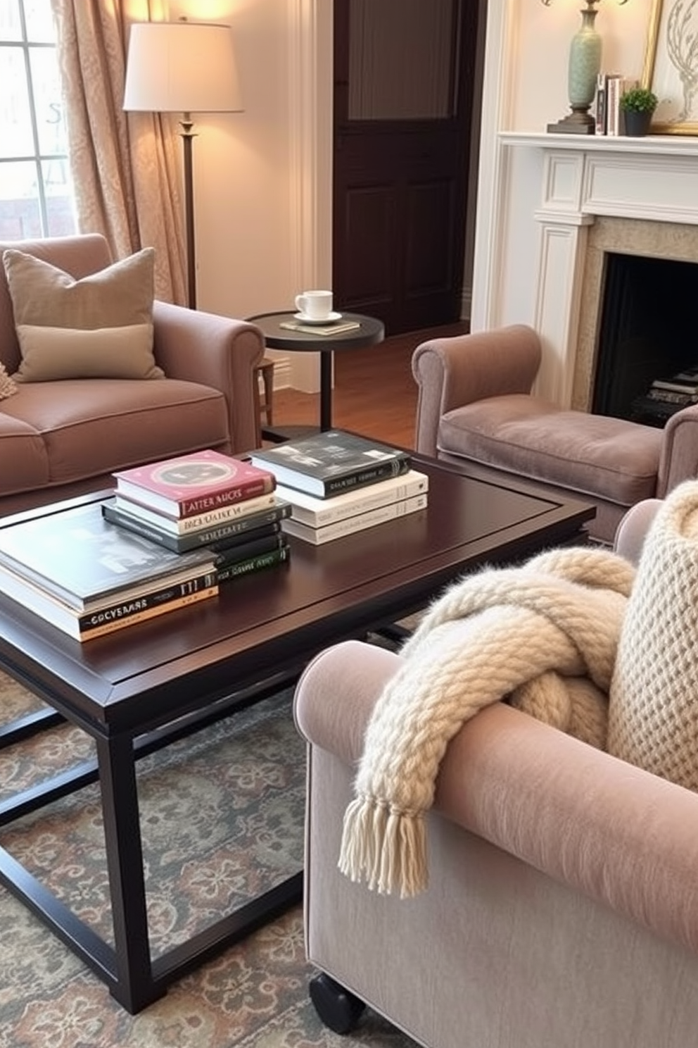 A cozy winter apartment setting featuring a stylish coffee table adorned with seasonal books. The table is surrounded by plush armchairs, and a warm throw blanket is draped over one of the chairs, inviting relaxation.